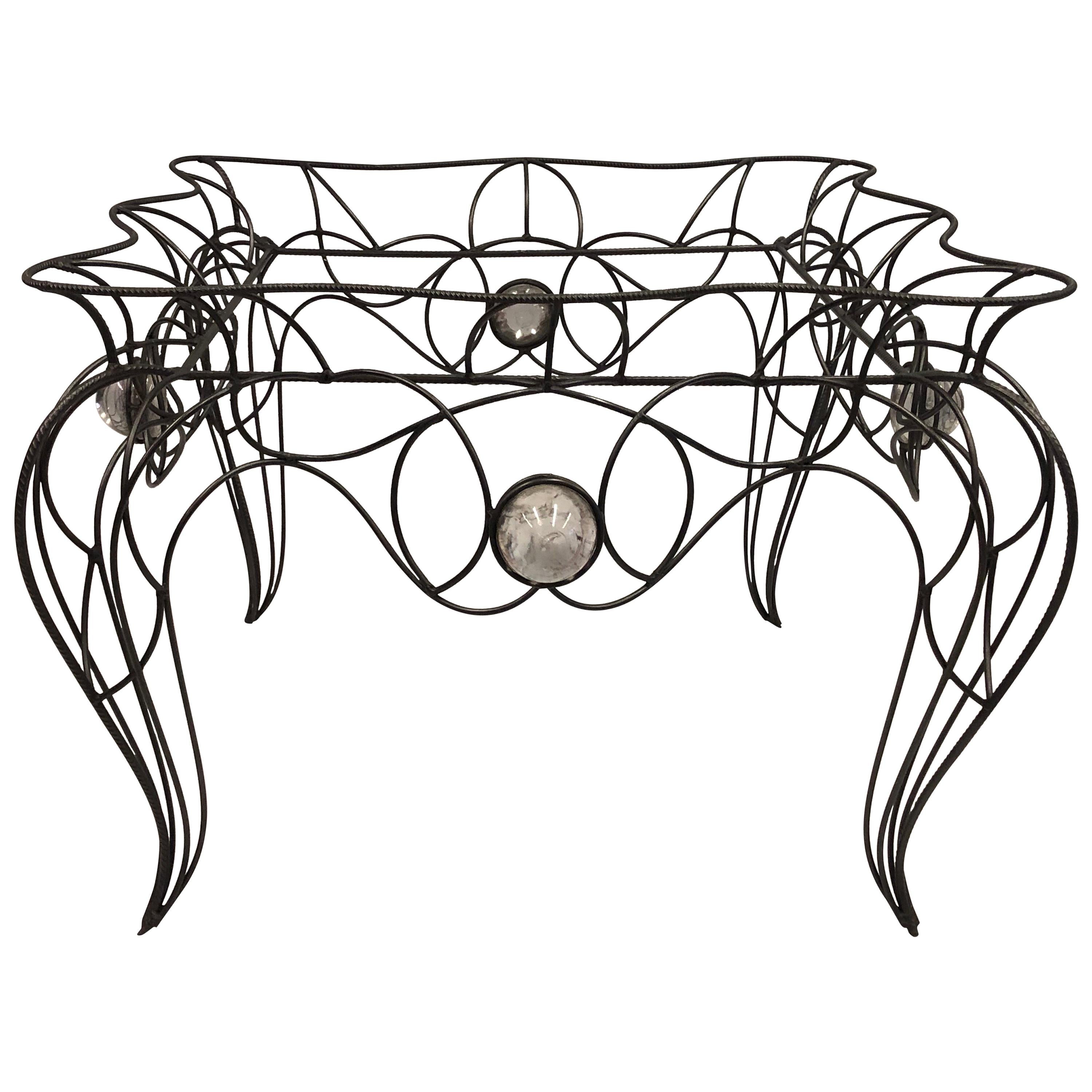 Unique Centre Table / Console in Wrought Iron and Glass by Andre Dubreuil, 1986