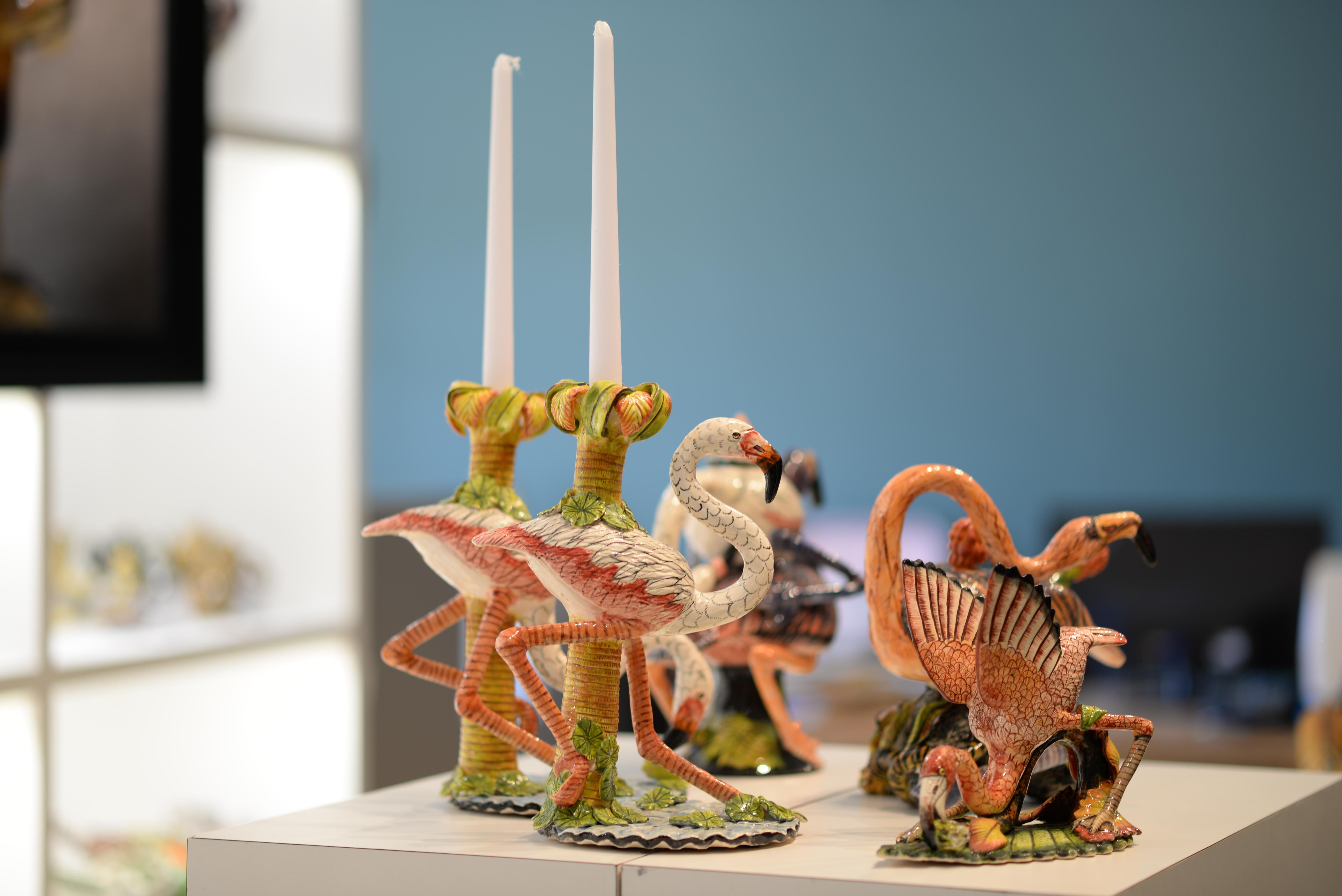 Contemporary Unique Ceramic Flamingo Candlesticks made in South Africa