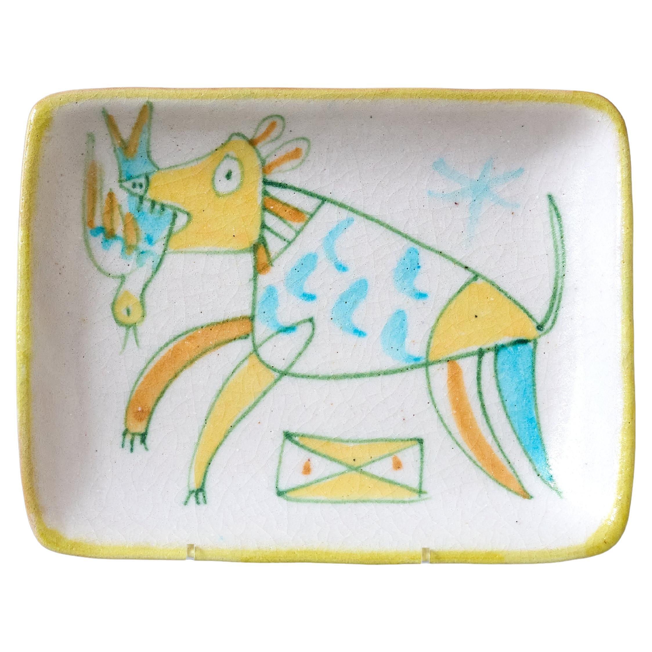 Plat unique en céramique du milieu du siècle par Guido Gambone. Florence, Italie, années 1950.