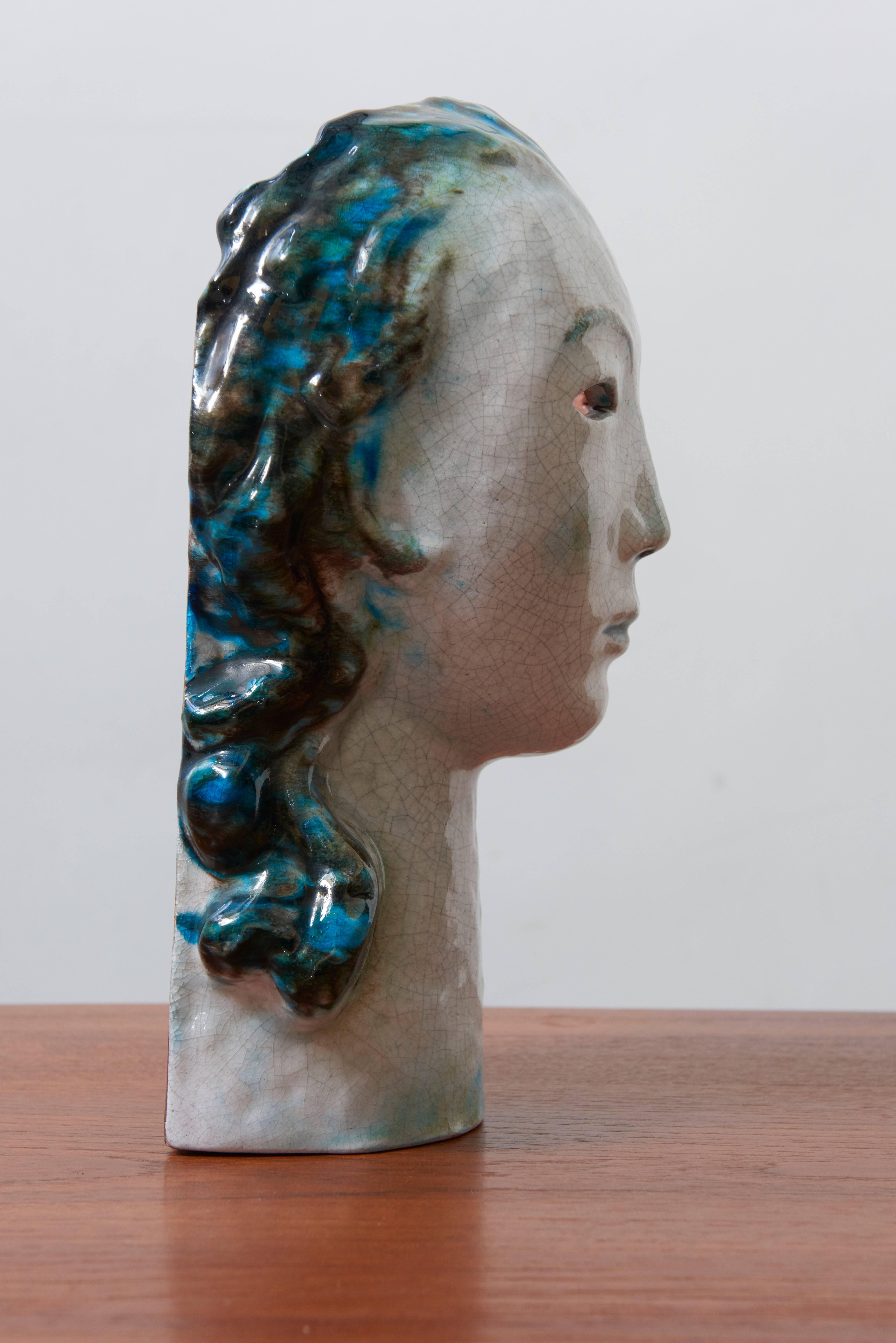 Art Deco Unique Ceramic Portret Buste, Girl with Blue Hair by Erwin Spuler 1930s, Germany For Sale