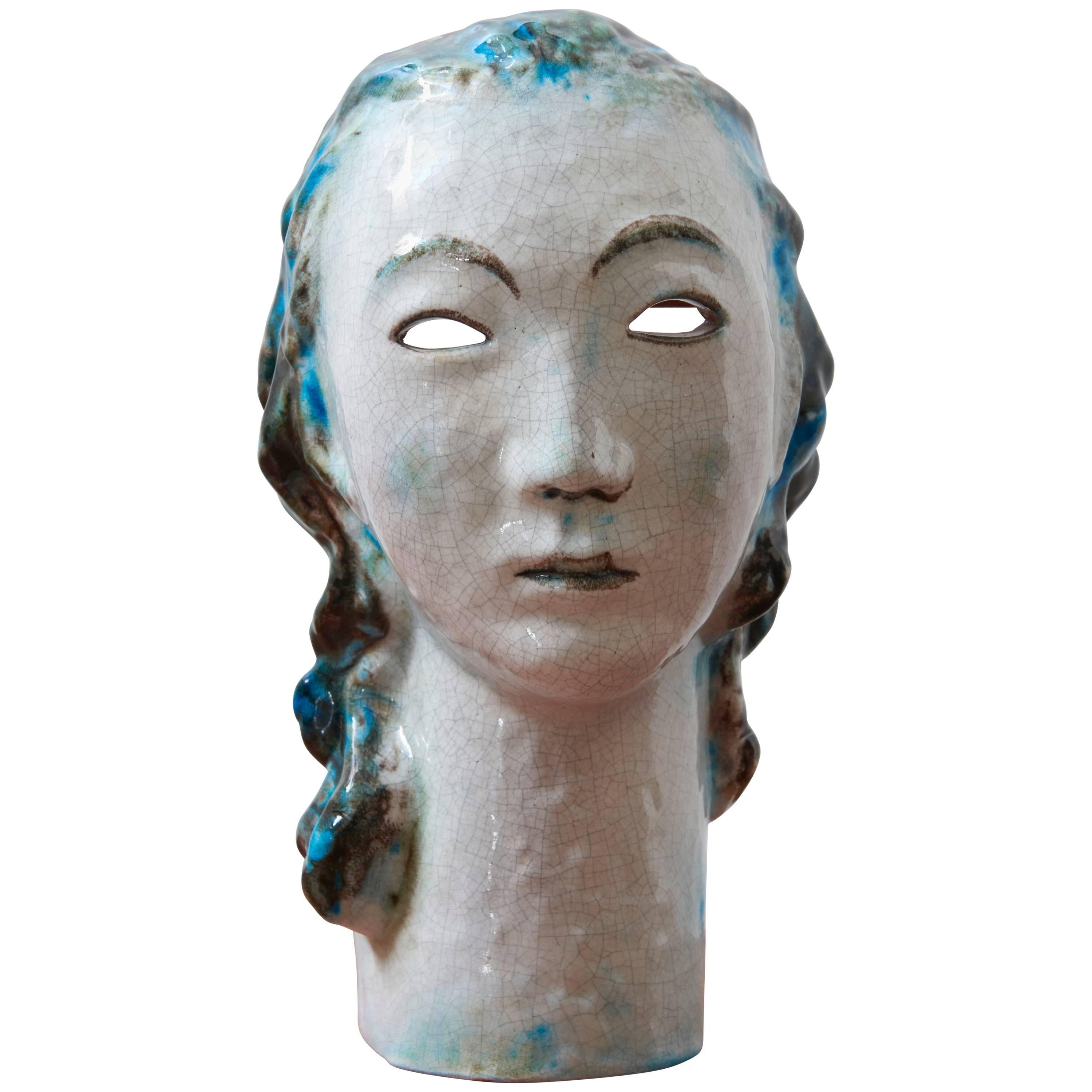 Einzigartige Keramik-Porträtbüste, Mädchen mit blauem Haar von Erwin Spuler 1930er Jahre, Deutschland im Angebot