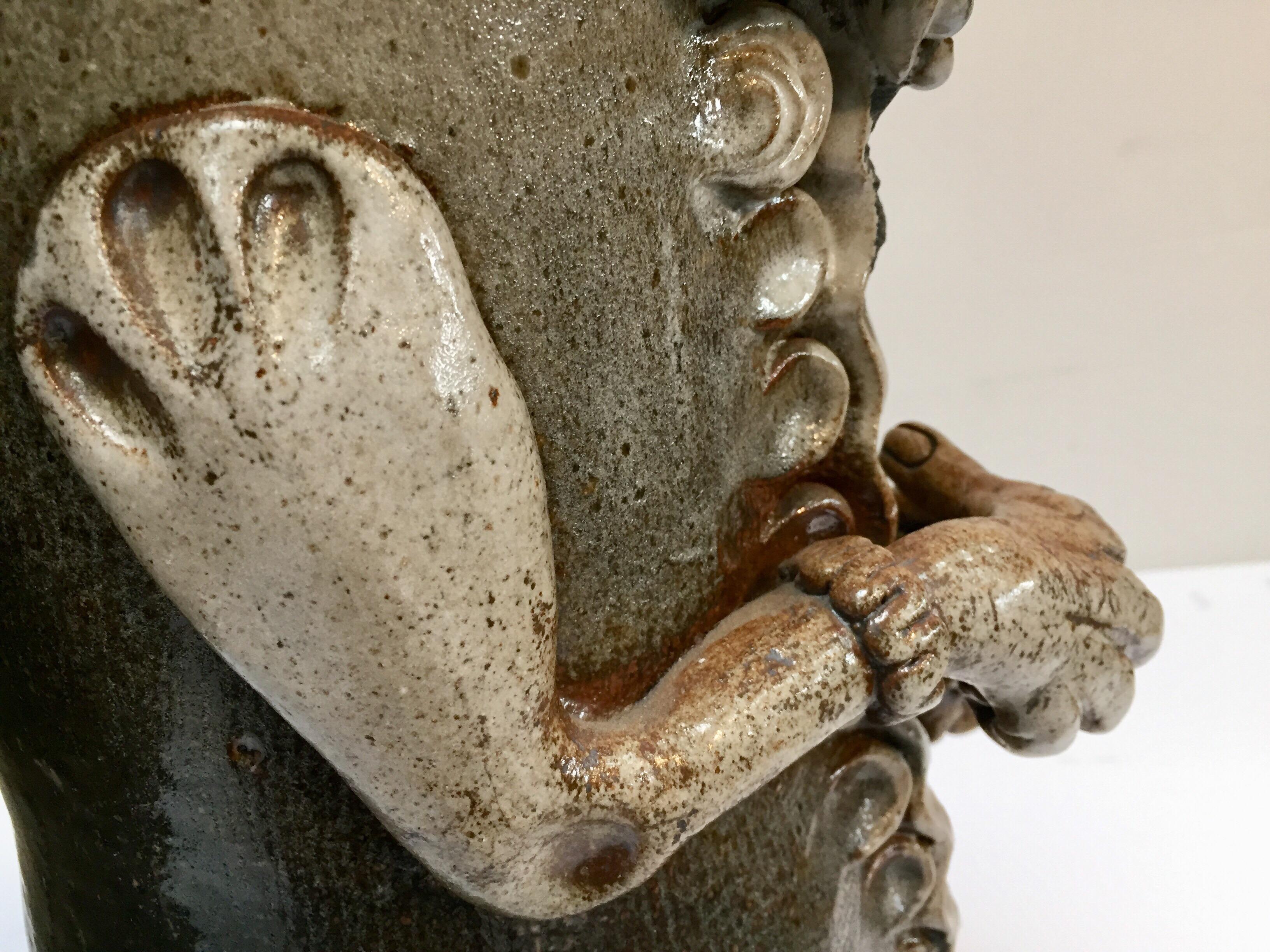 Art Studio Pop Brutalist Fantasy Figure Signed Ceramic Sculpture Capron Style For Sale 3