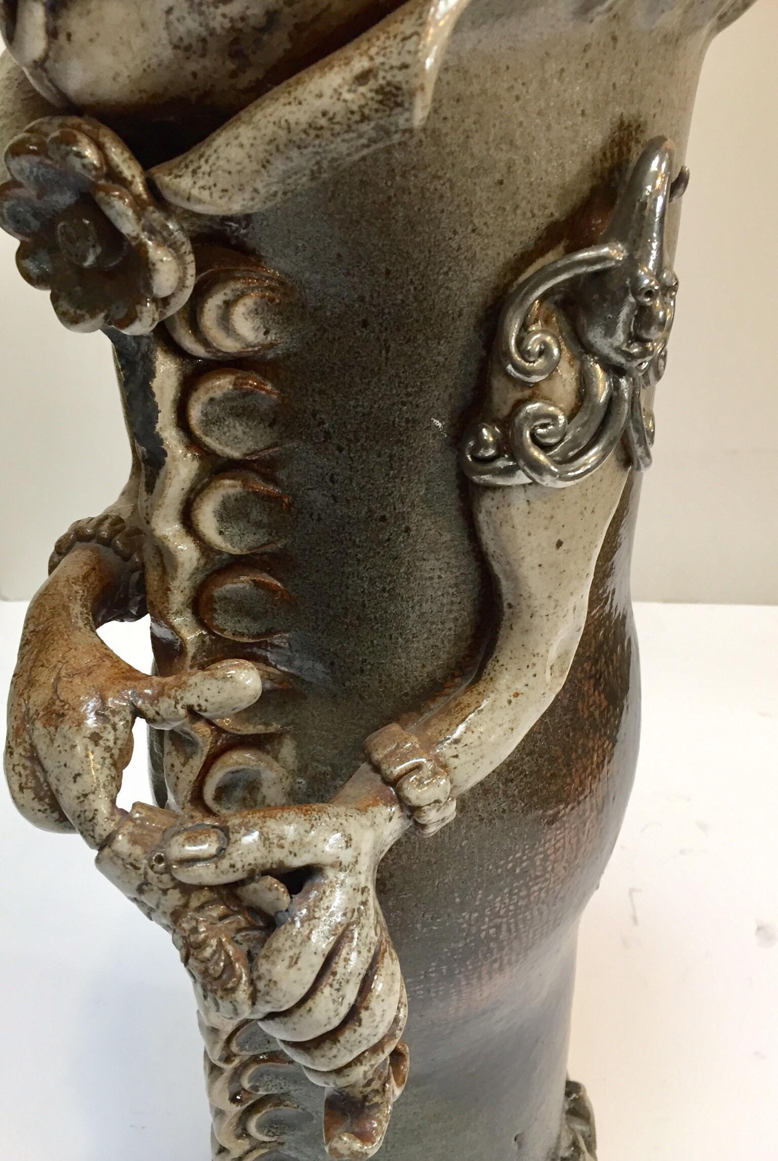 Art Studio Pop Brutalist Fantasy Figure Signed Ceramic Sculpture Capron Style For Sale 4