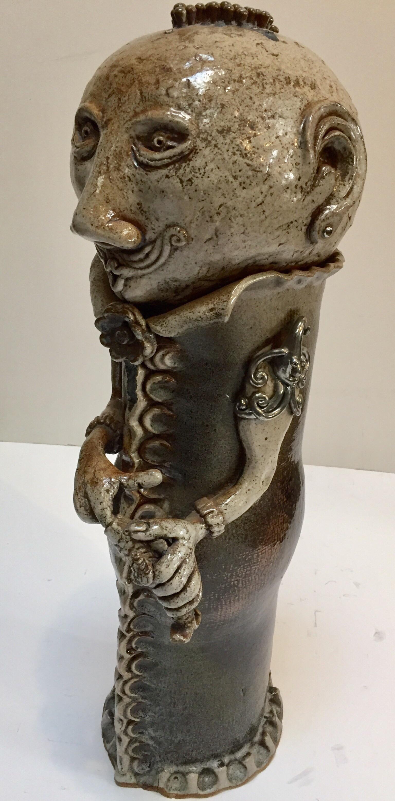 Art Studio Pop Brutalist Fantasy Figure Signed Ceramic Sculpture Capron Style For Sale 5
