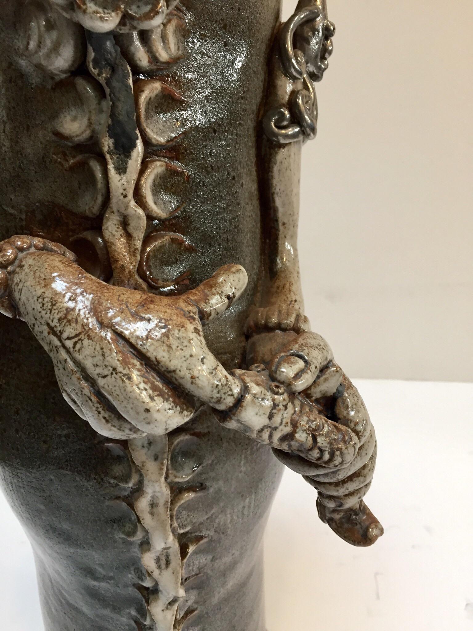 Art Studio Pop Brutalist Fantasy Figure Signed Ceramic Sculpture Capron Style For Sale 6