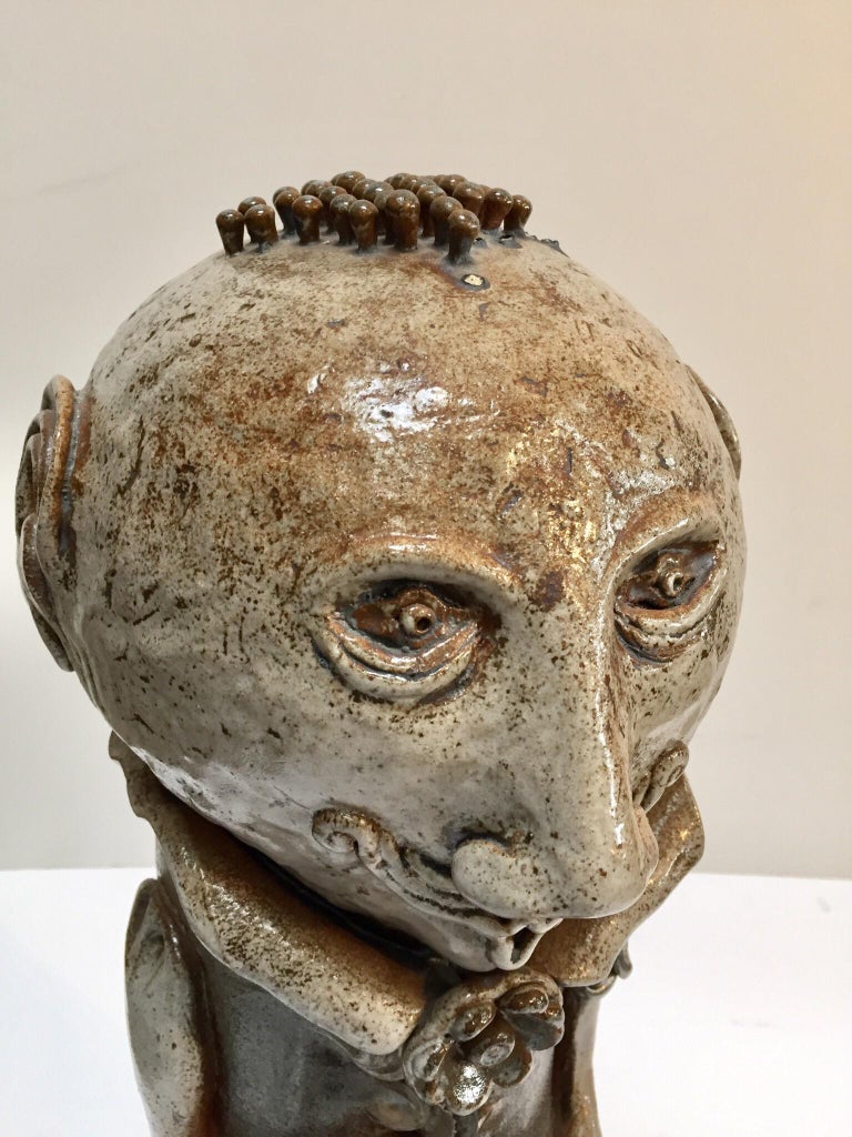 Fired Art Studio Pop Brutalist Fantasy Figure Signed Ceramic Sculpture  For Sale