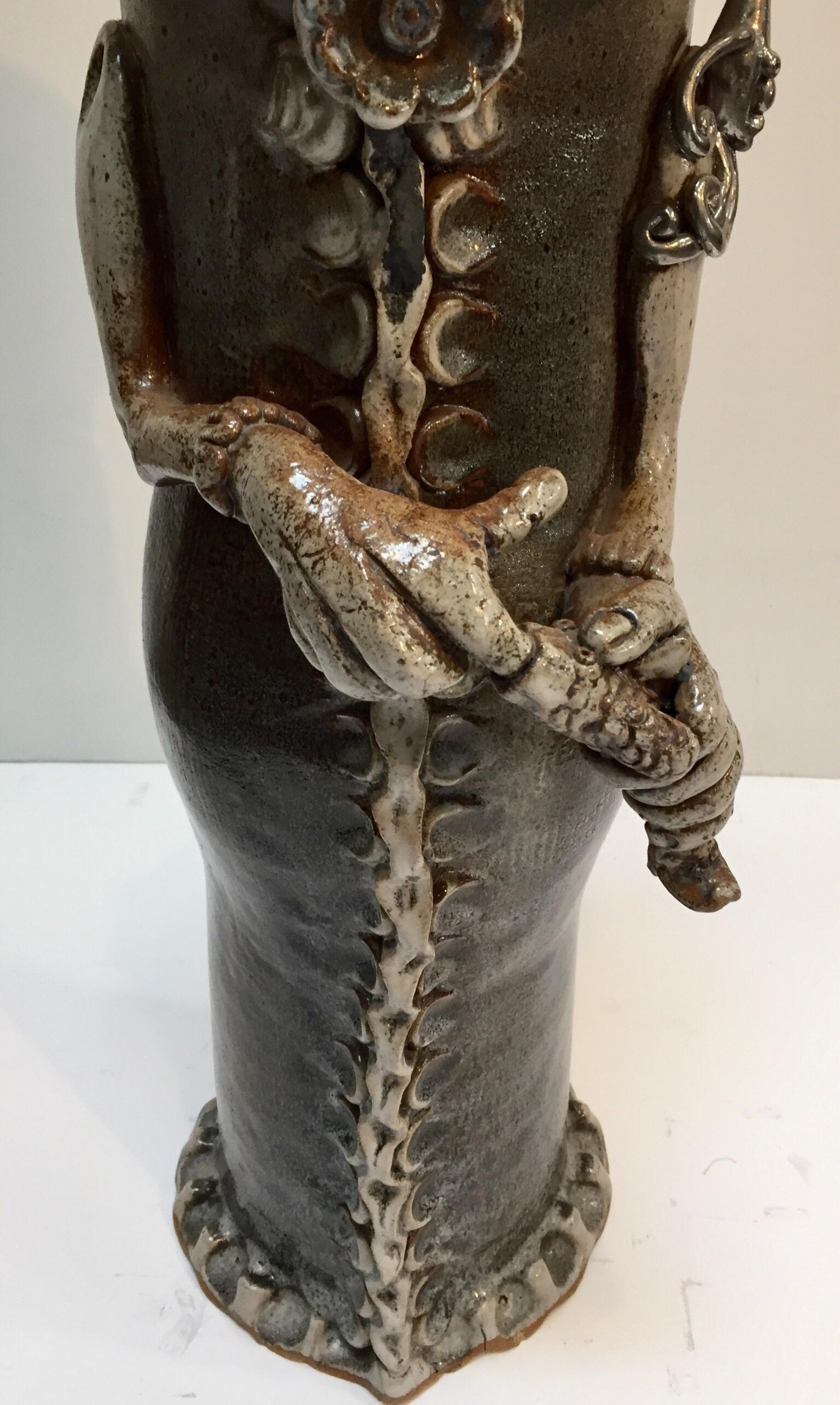 20th Century Art Studio Pop Brutalist Fantasy Figure Signed Ceramic Sculpture Capron Style For Sale