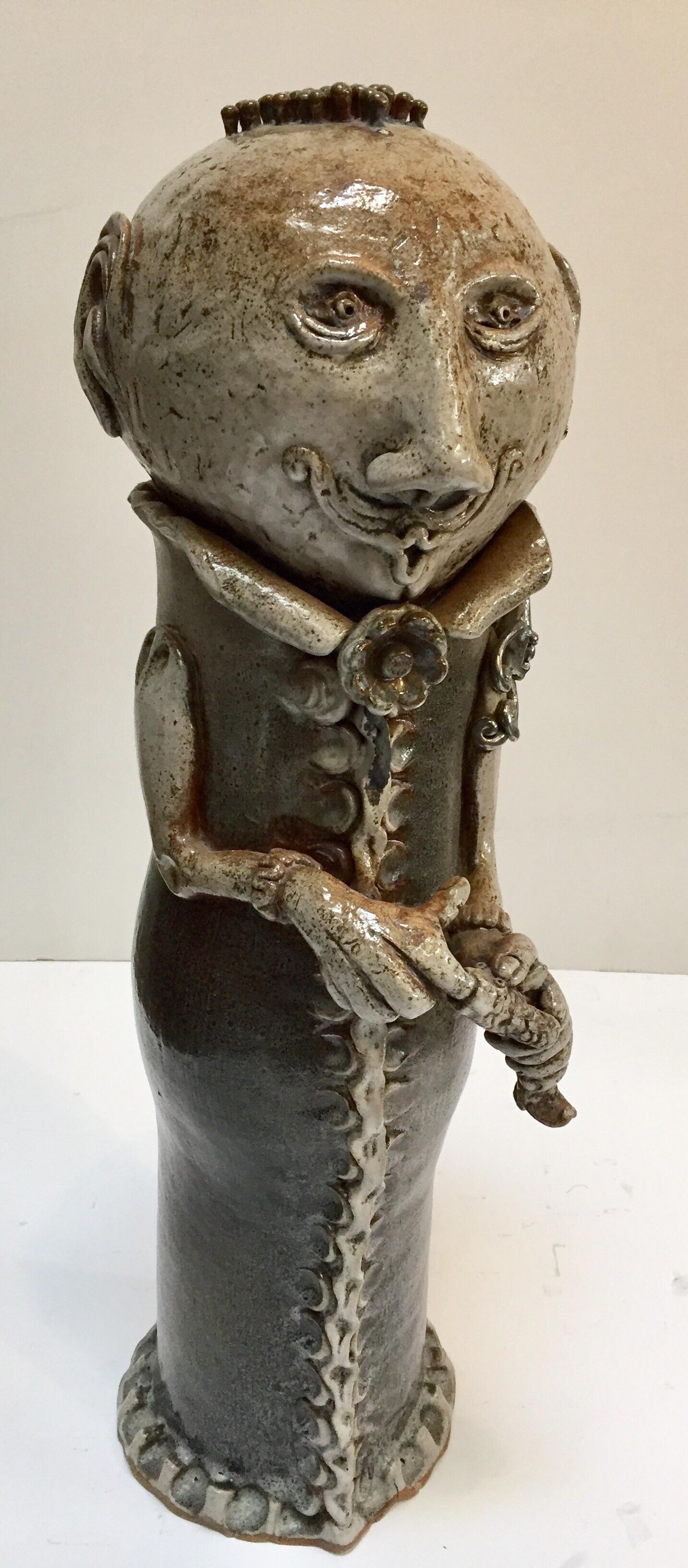 Art Studio Pop Brutalist Fantasy Figure Signed Ceramic Sculpture Capron Style For Sale 1