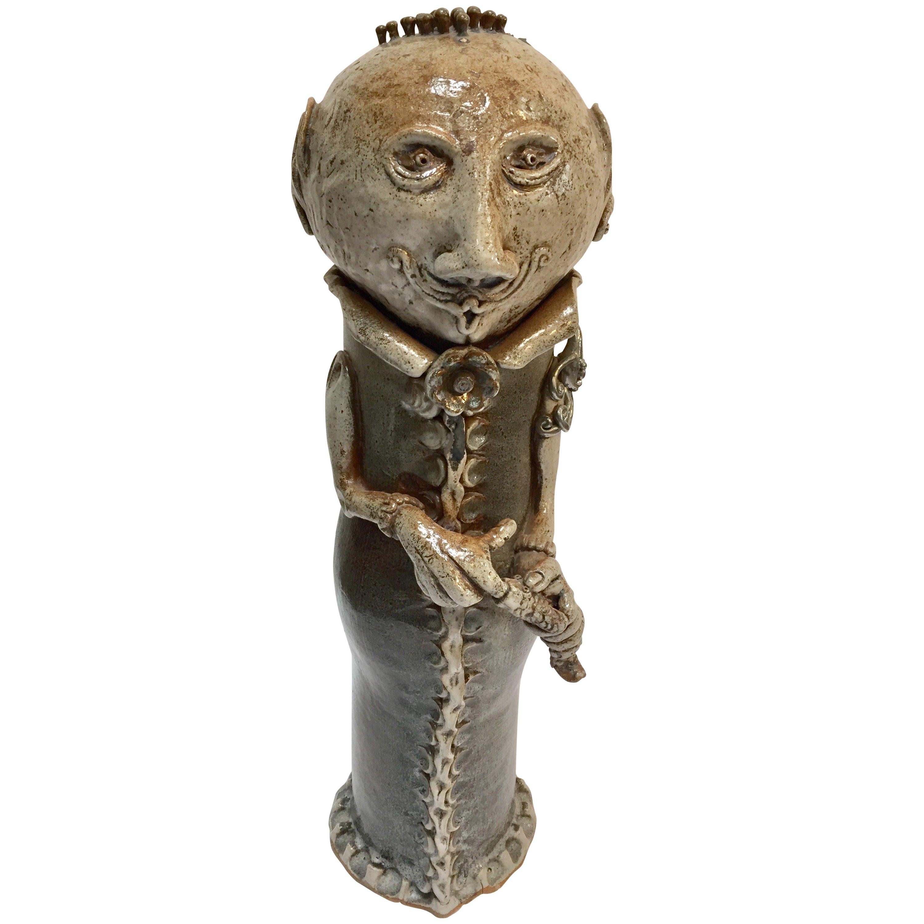 Art Studio Pop Brutalist Fantasy Figure Signed Ceramic Sculpture Capron Style For Sale