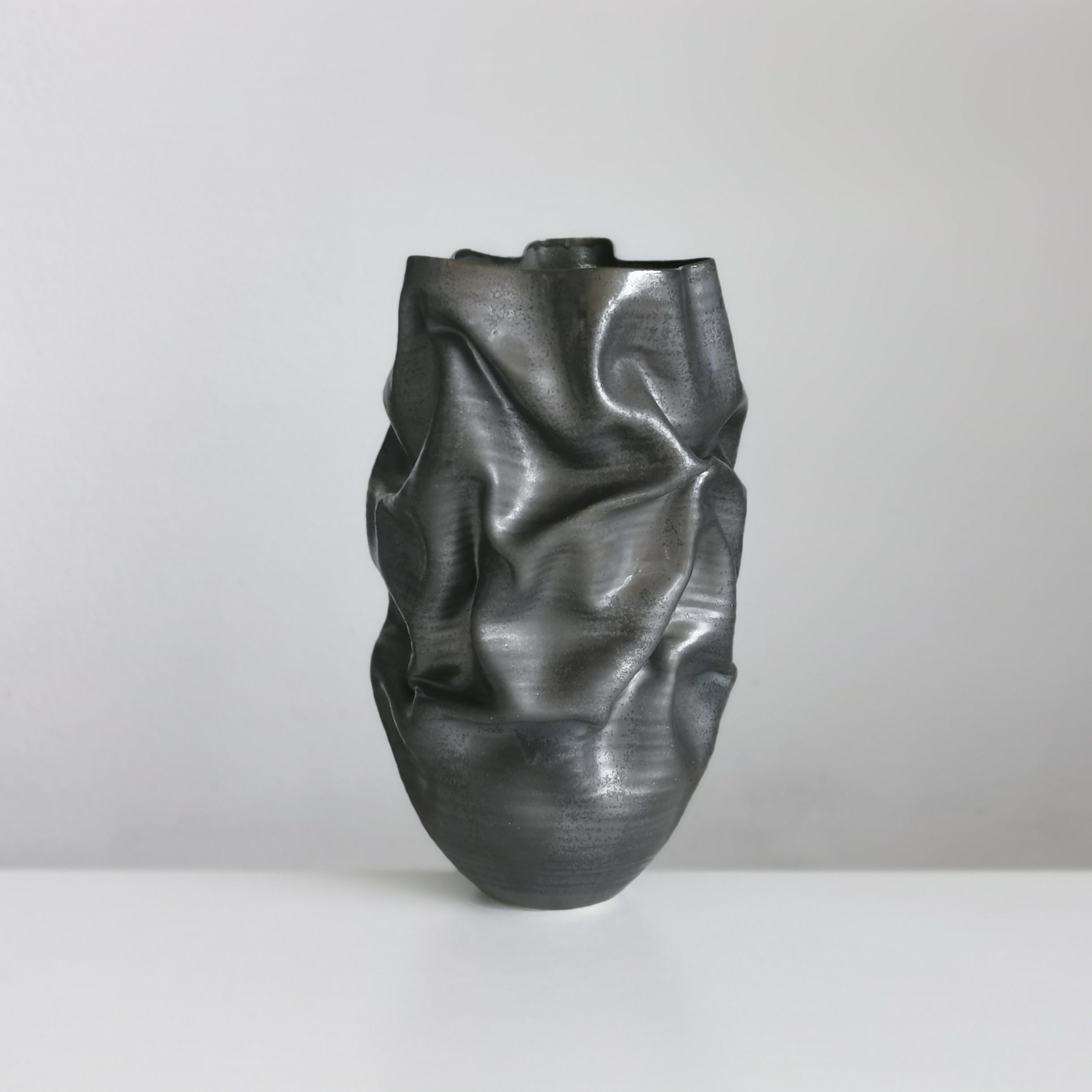 Organic Modern Unique Ceramic Sculpture Vessel N.57, Black Dehydrated Form, Objet d'Art