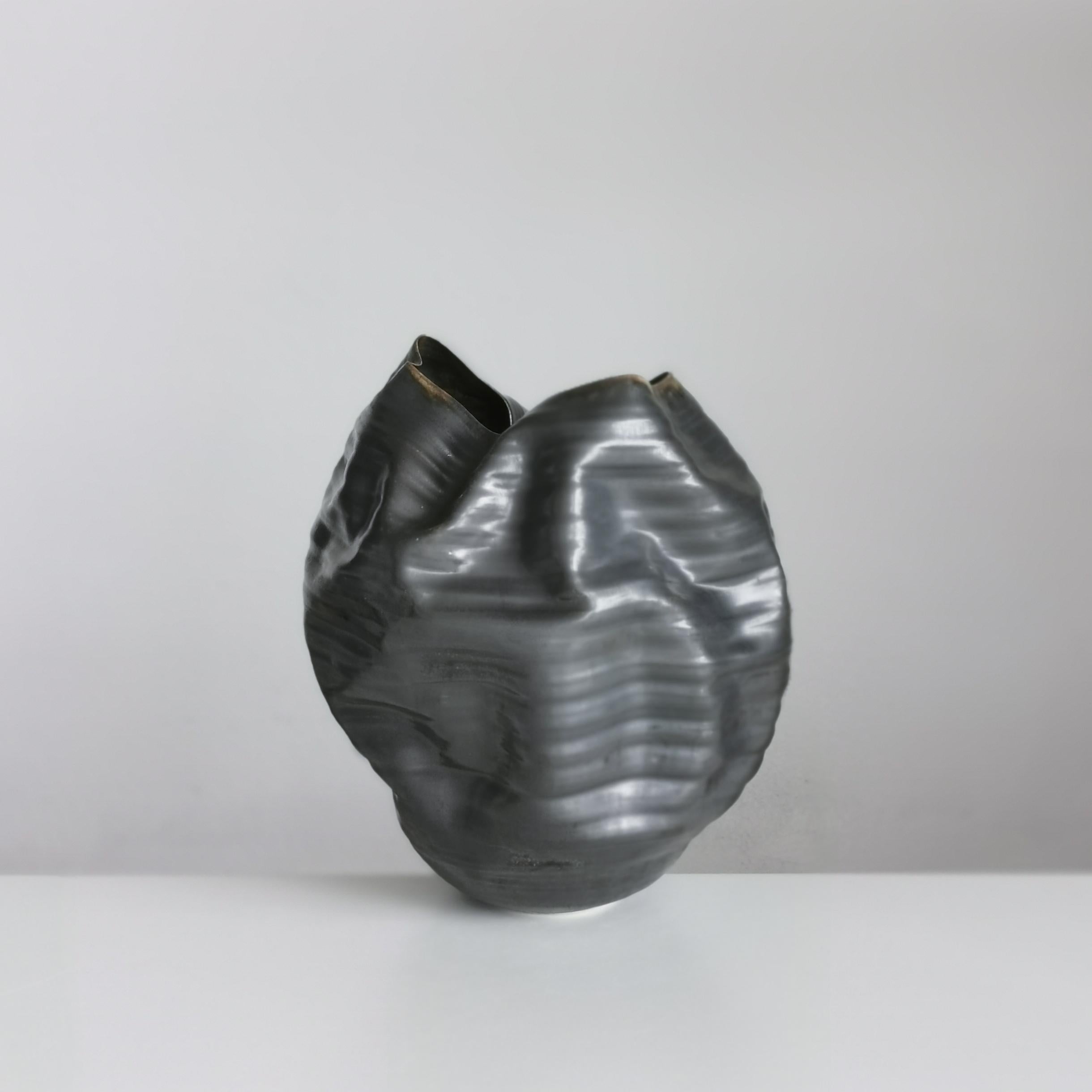 Organic Modern Unique Ceramic Sculpture Vessel N.58, Black Ribbed Undulating Form, Objet d'Art