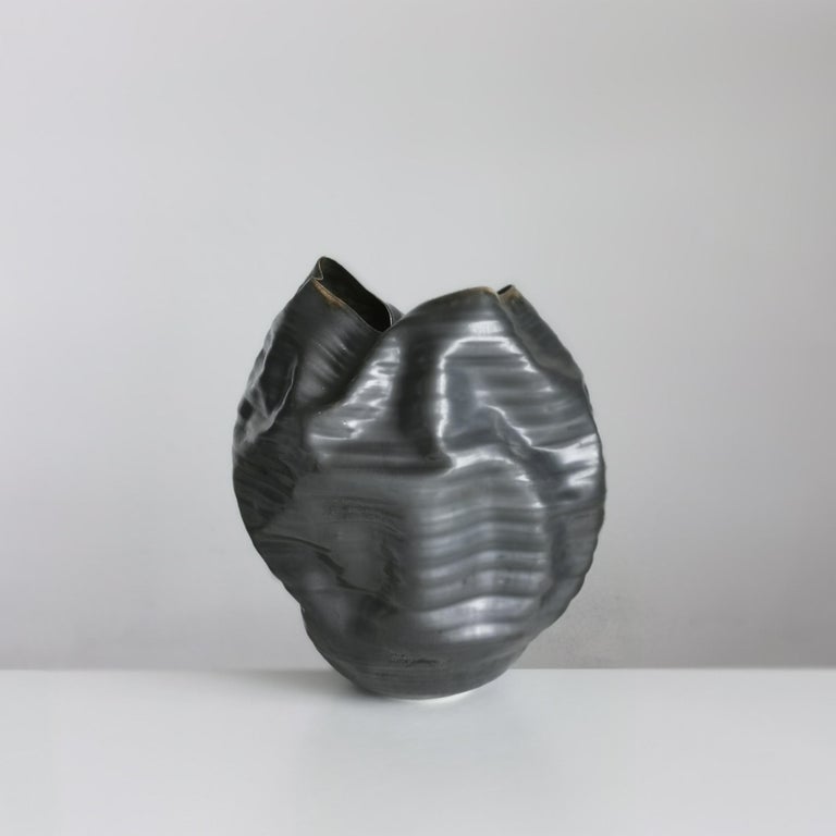 Organic Modern Unique Ceramic Sculpture Vessel N.58, Black Ribbed Undulating Form, Objet d'Art For Sale