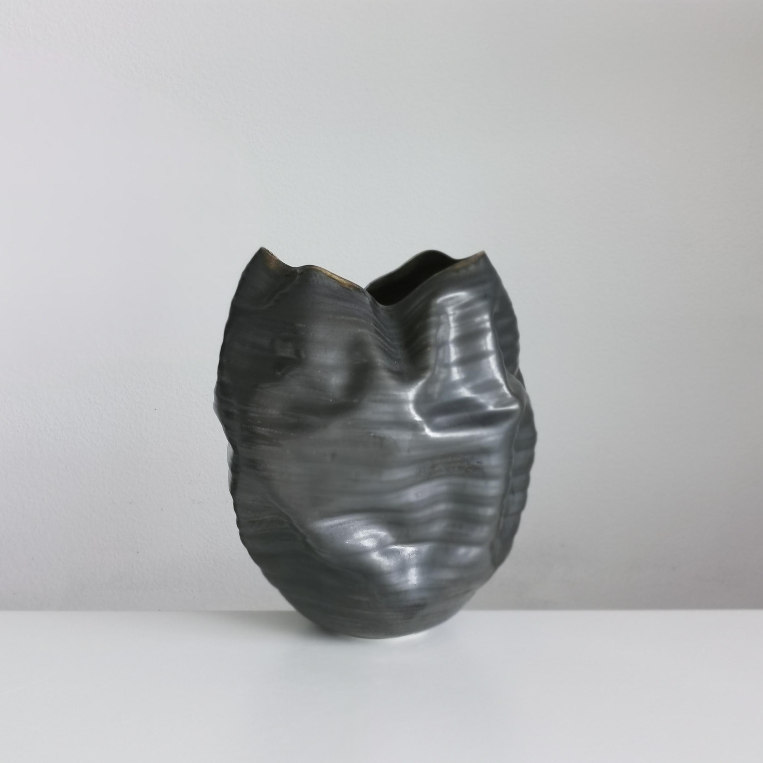 Spanish Unique Ceramic Sculpture Vessel N.58, Black Ribbed Undulating Form, Objet d'Art