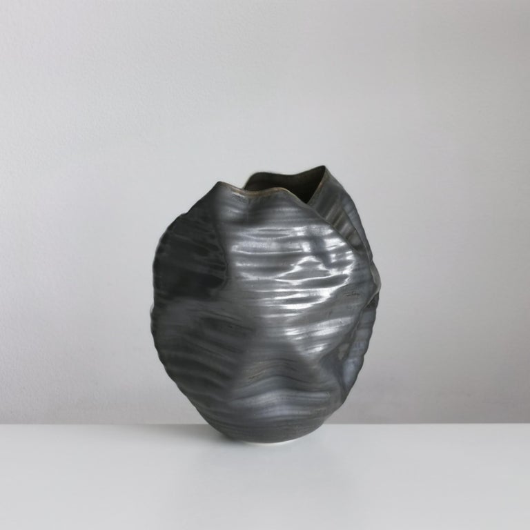 Other Unique Ceramic Sculpture Vessel N.58, Black Ribbed Undulating Form, Objet d'Art For Sale