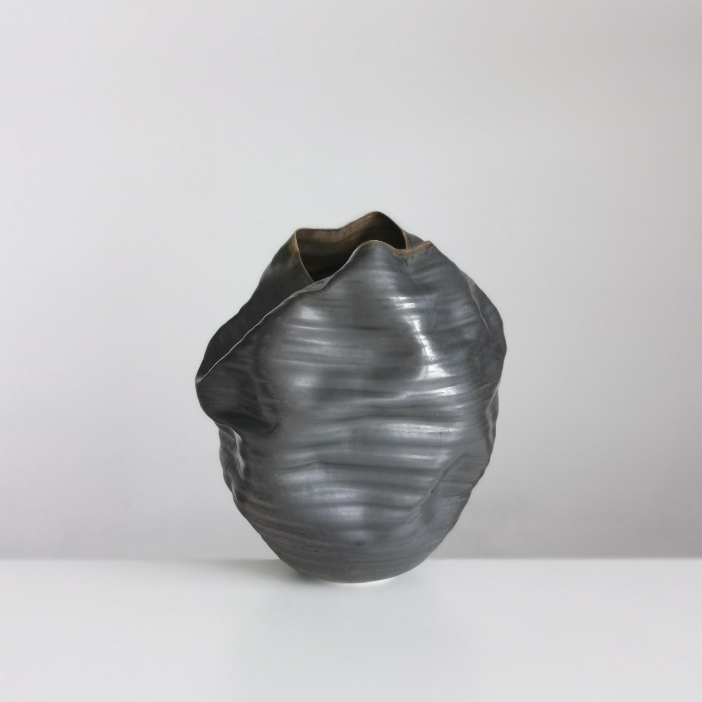 Unique Ceramic Sculpture Vessel N.58, Black Ribbed Undulating Form, Objet d'Art In New Condition In London, GB