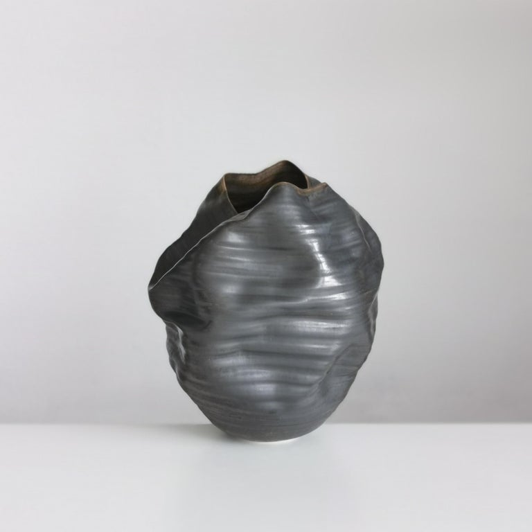 Unique Ceramic Sculpture Vessel N.58, Black Ribbed Undulating Form, Objet d'Art In New Condition For Sale In London, GB