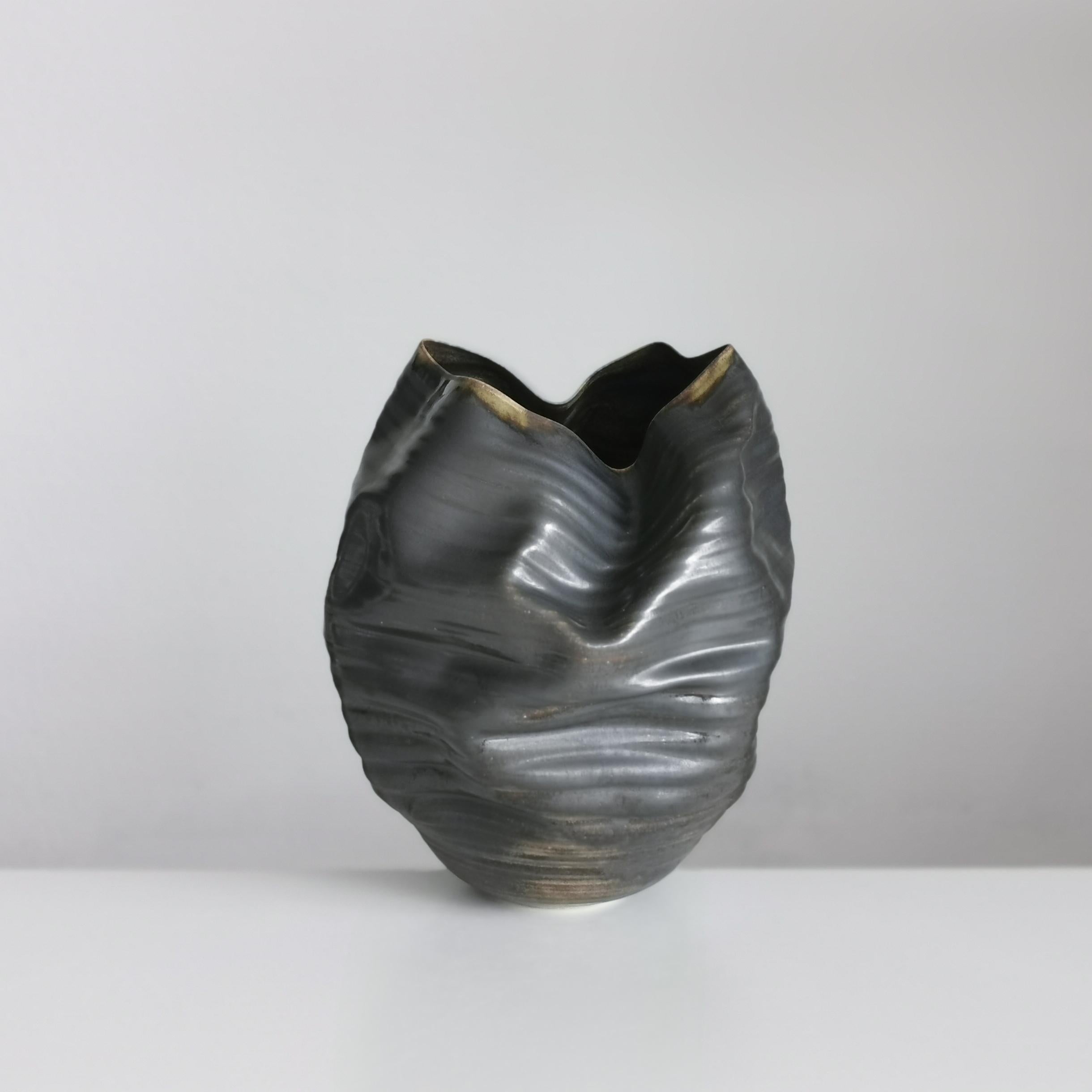 Contemporary Unique Ceramic Sculpture Vessel N.58, Black Ribbed Undulating Form, Objet d'Art