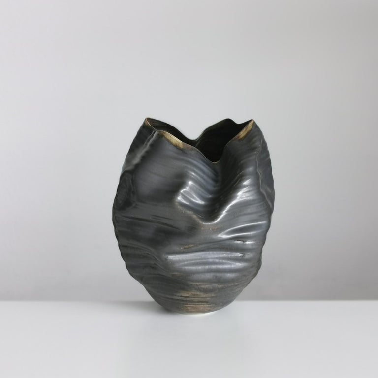 Contemporary Unique Ceramic Sculpture Vessel N.58, Black Ribbed Undulating Form, Objet d'Art For Sale