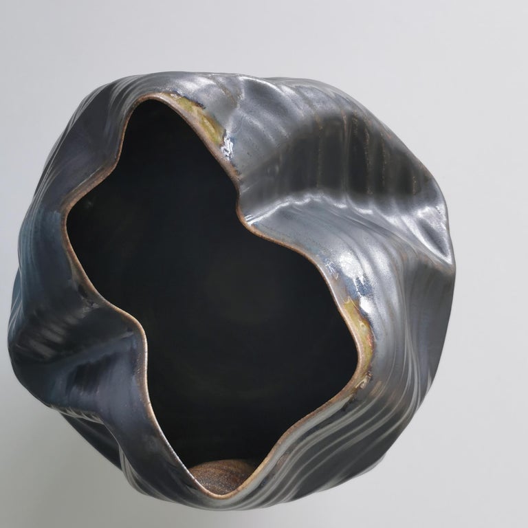 Clay Unique Ceramic Sculpture Vessel N.58, Black Ribbed Undulating Form, Objet d'Art For Sale