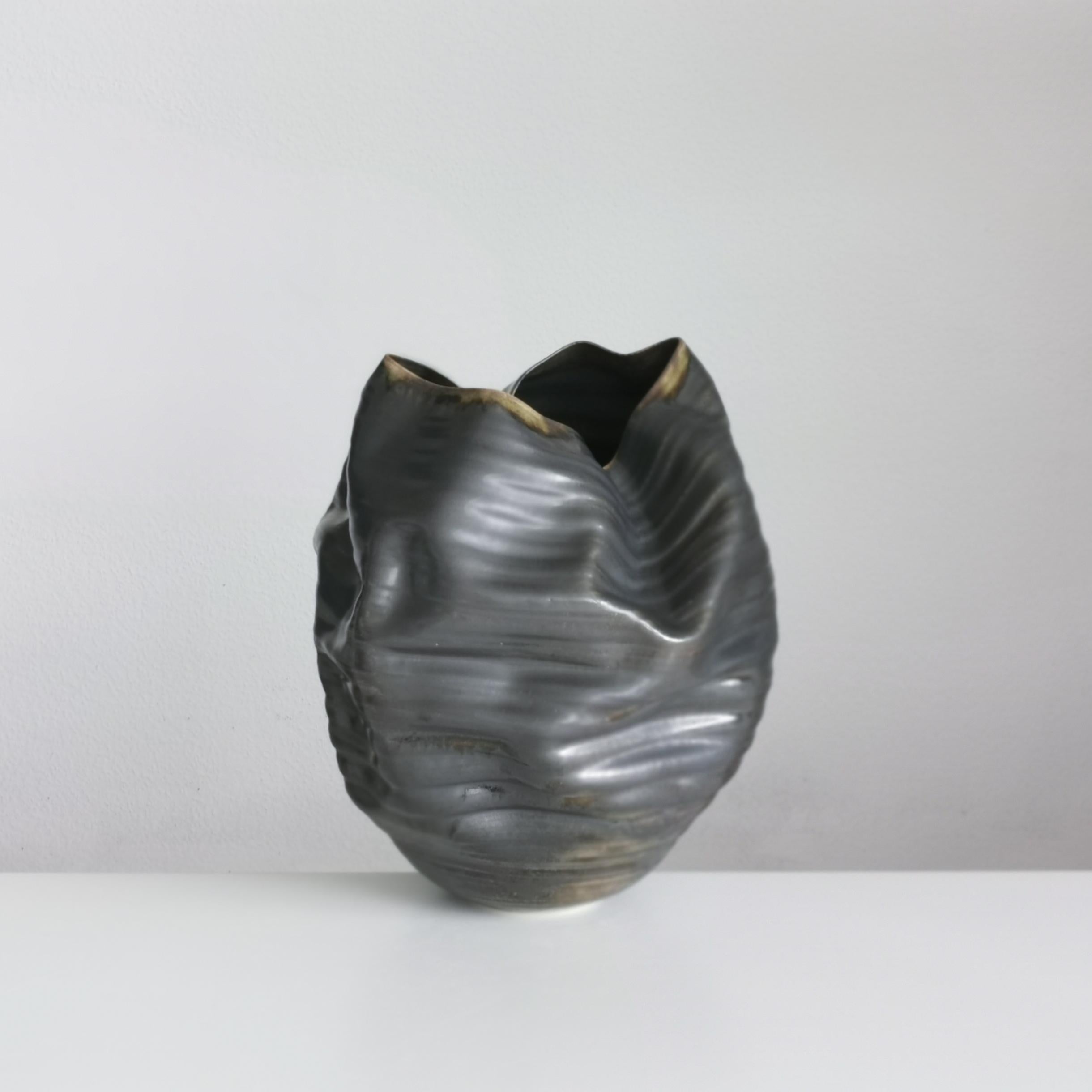 Unique Ceramic Sculpture Vessel N.58, Black Ribbed Undulating Form, Objet d'Art 1