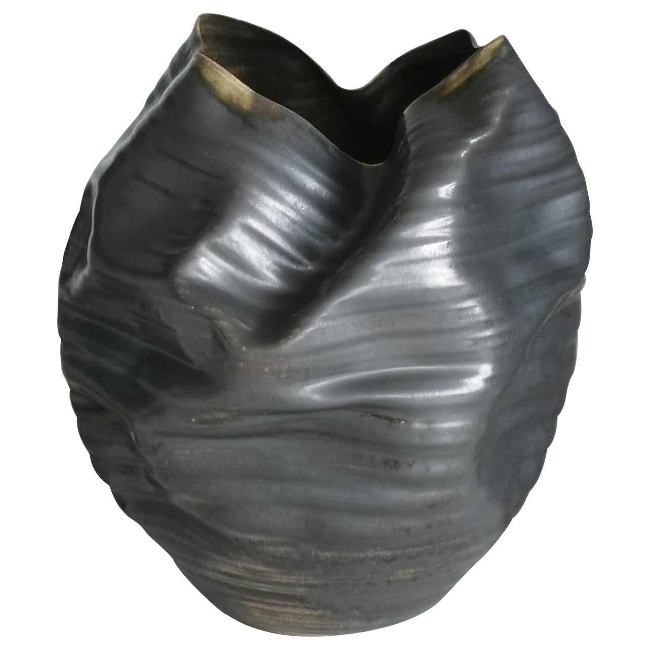 Unique Ceramic Sculpture Vessel N.58, Black Ribbed Undulating Form, Objet d'Art