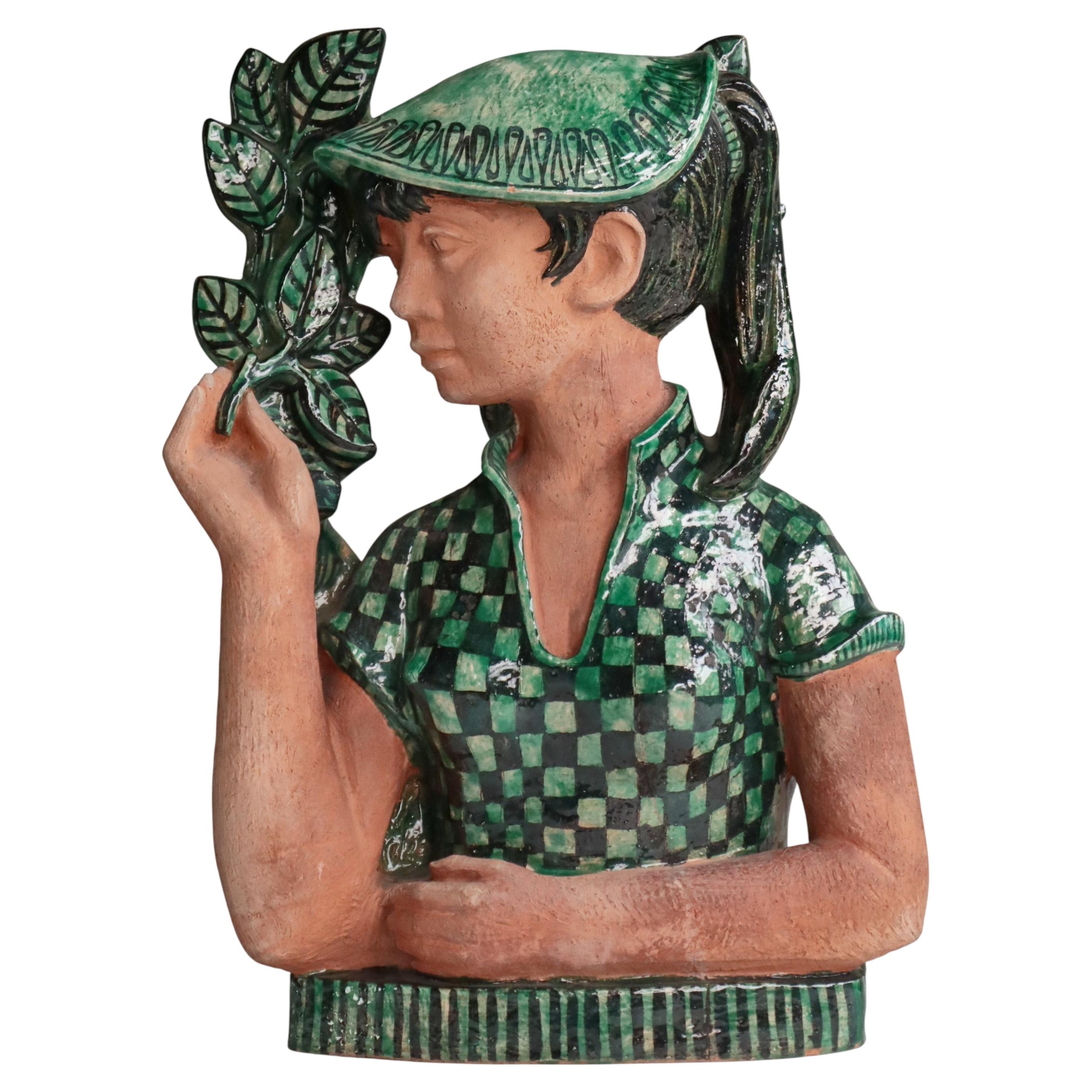 Unique Ceramic Sculpture Woman Green leaves Helge Christoffersen, Denmark, 1940s For Sale