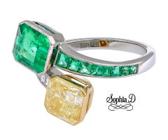 Sophia D, GIA Certified 1.89 Carat Yellow Diamond and 1.71 Carat Emerald Ring