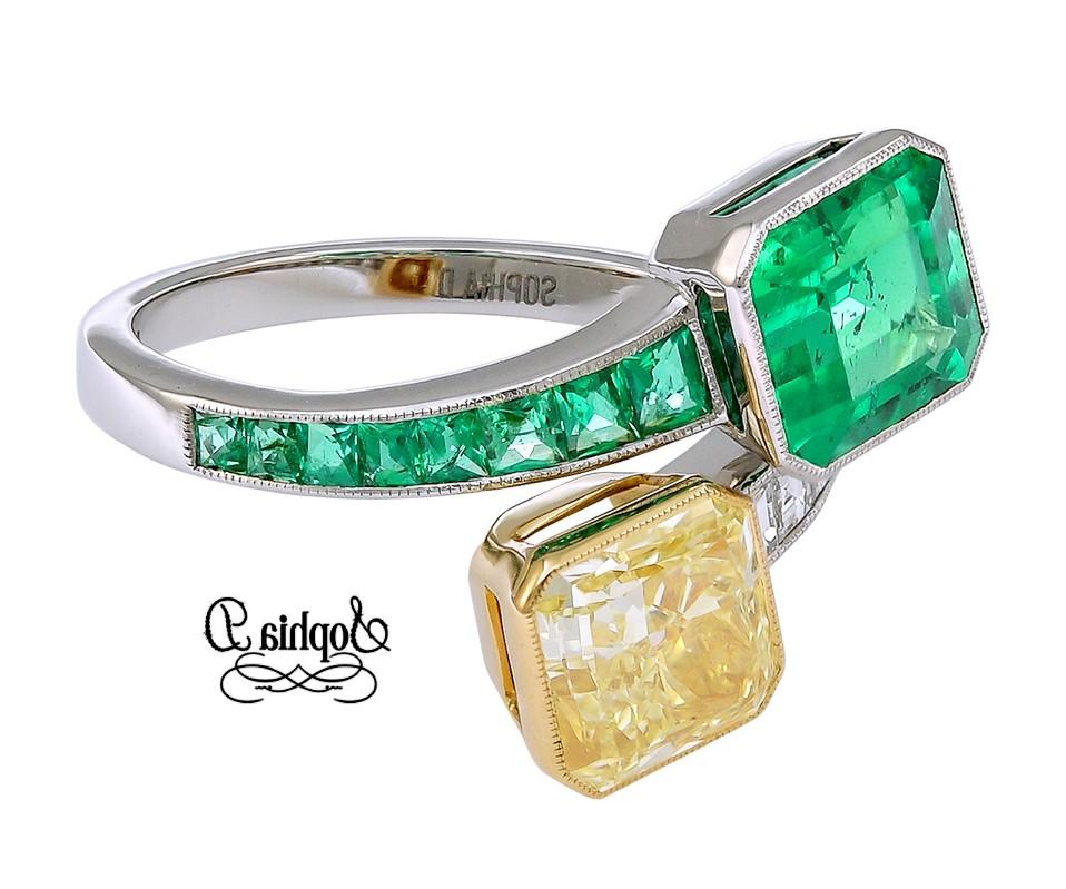 Art Deco Sophia D, GIA Certified 1.89 Carat Yellow Diamond and 1.71 Carat Emerald Ring For Sale