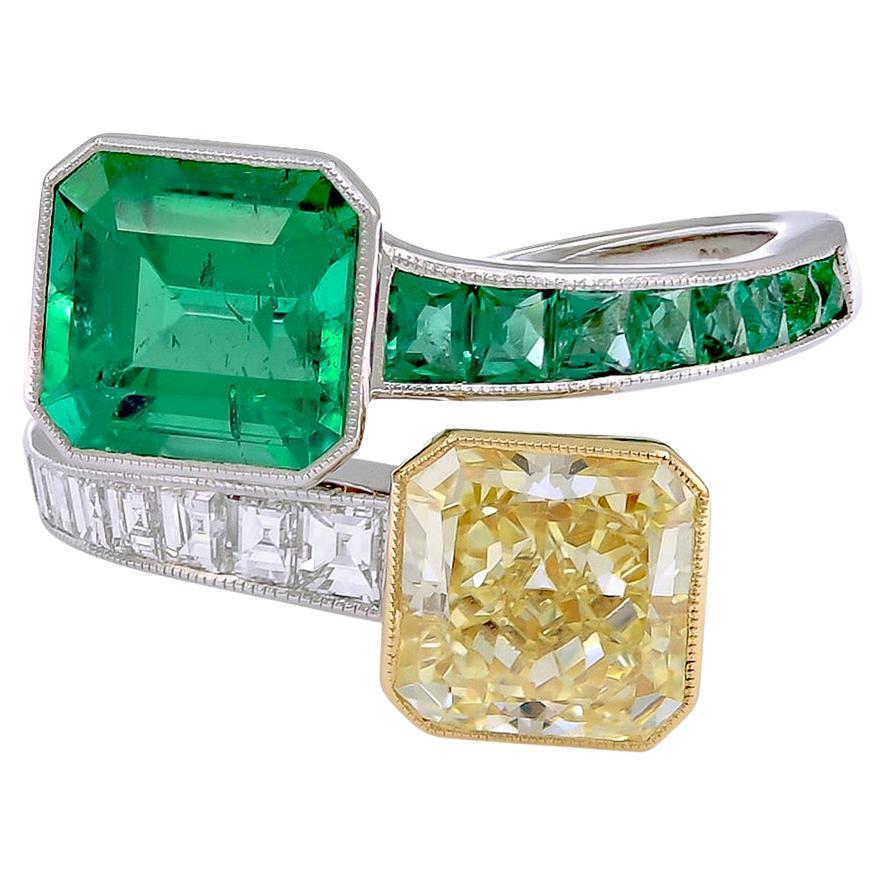 Sophia D, GIA Certified 1.89 Carat Yellow Diamond and 1.71 Carat Emerald Ring For Sale