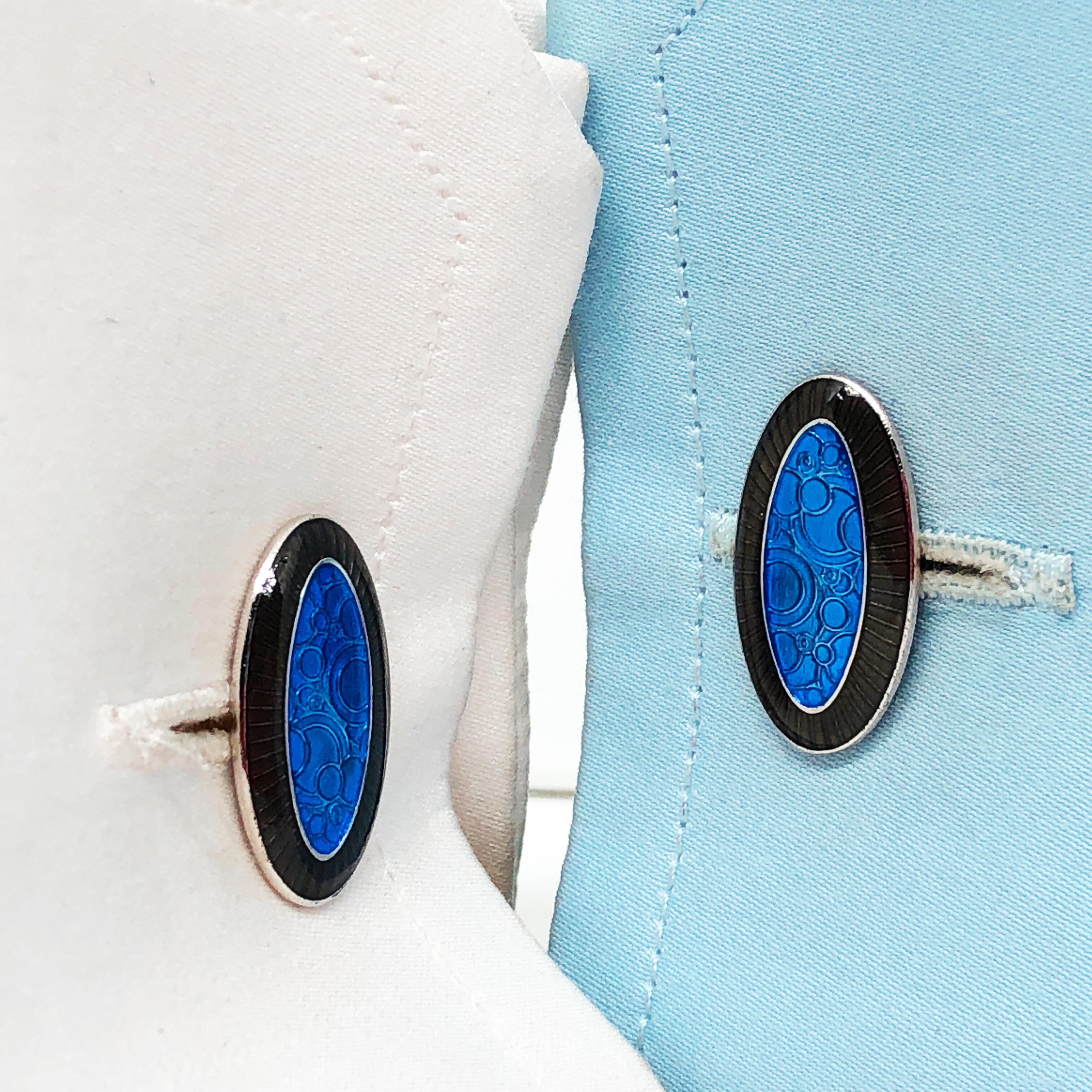 Unique Champlevé Hand Enamelled Blue Gunmetal Grey Sterling Silver Cufflinks In New Condition In Valenza, IT