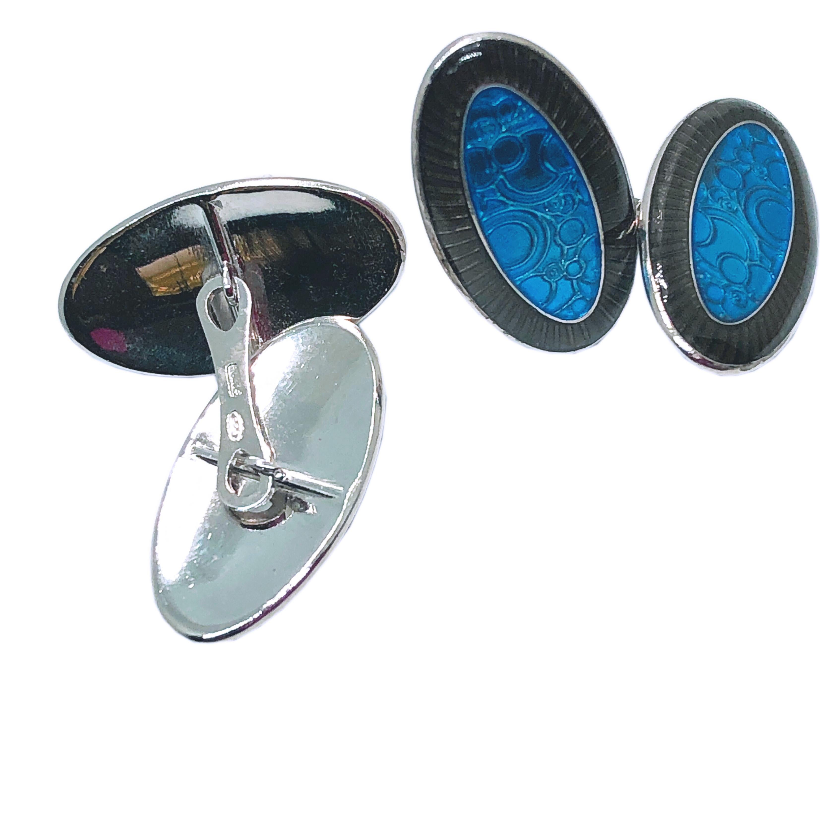 Unique Champlevé Hand Enamelled Blue Gunmetal Grey Sterling Silver Cufflinks 4