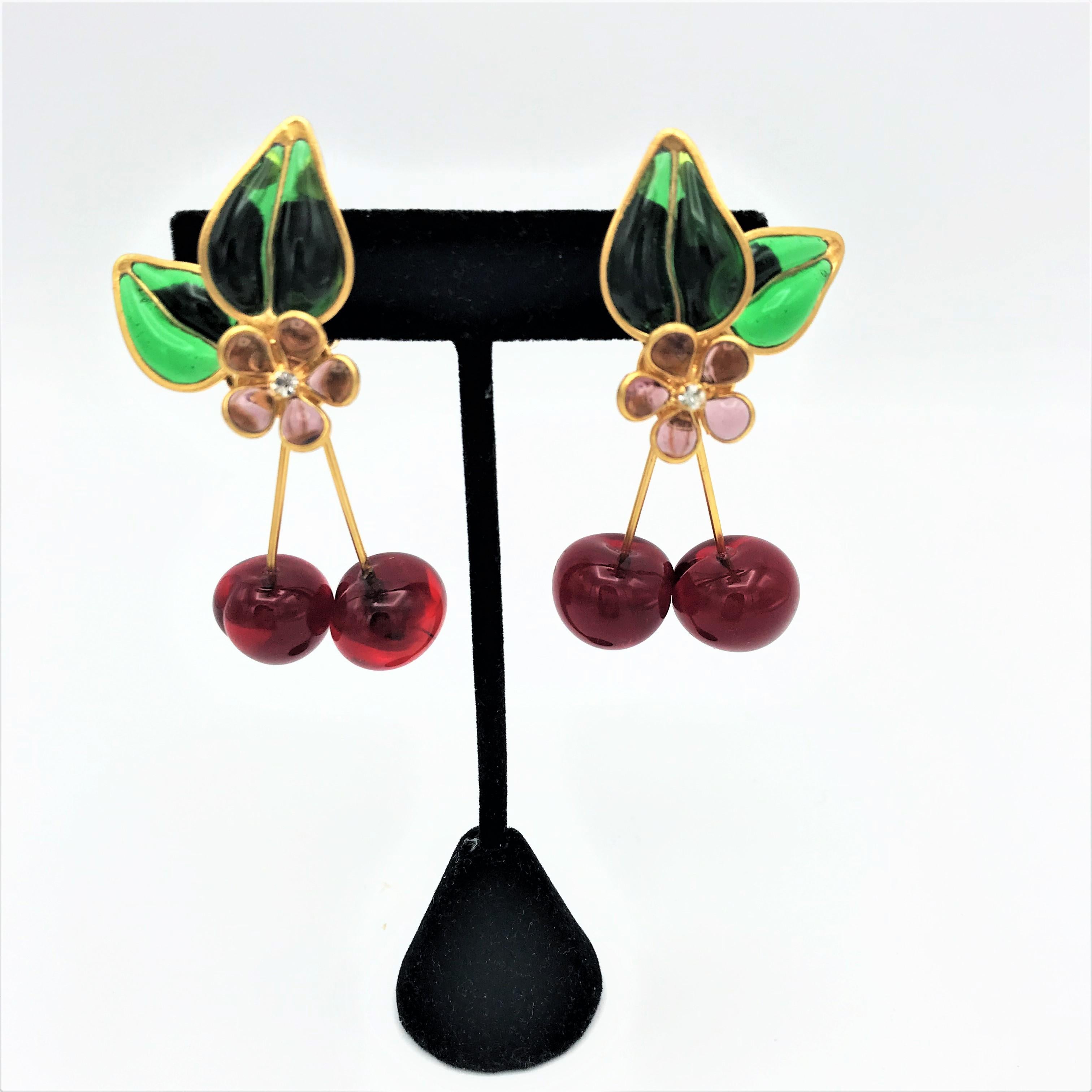 Artisan Unique Chanel ear clip in the shape of cherry from the house of Gripoix Paris  For Sale