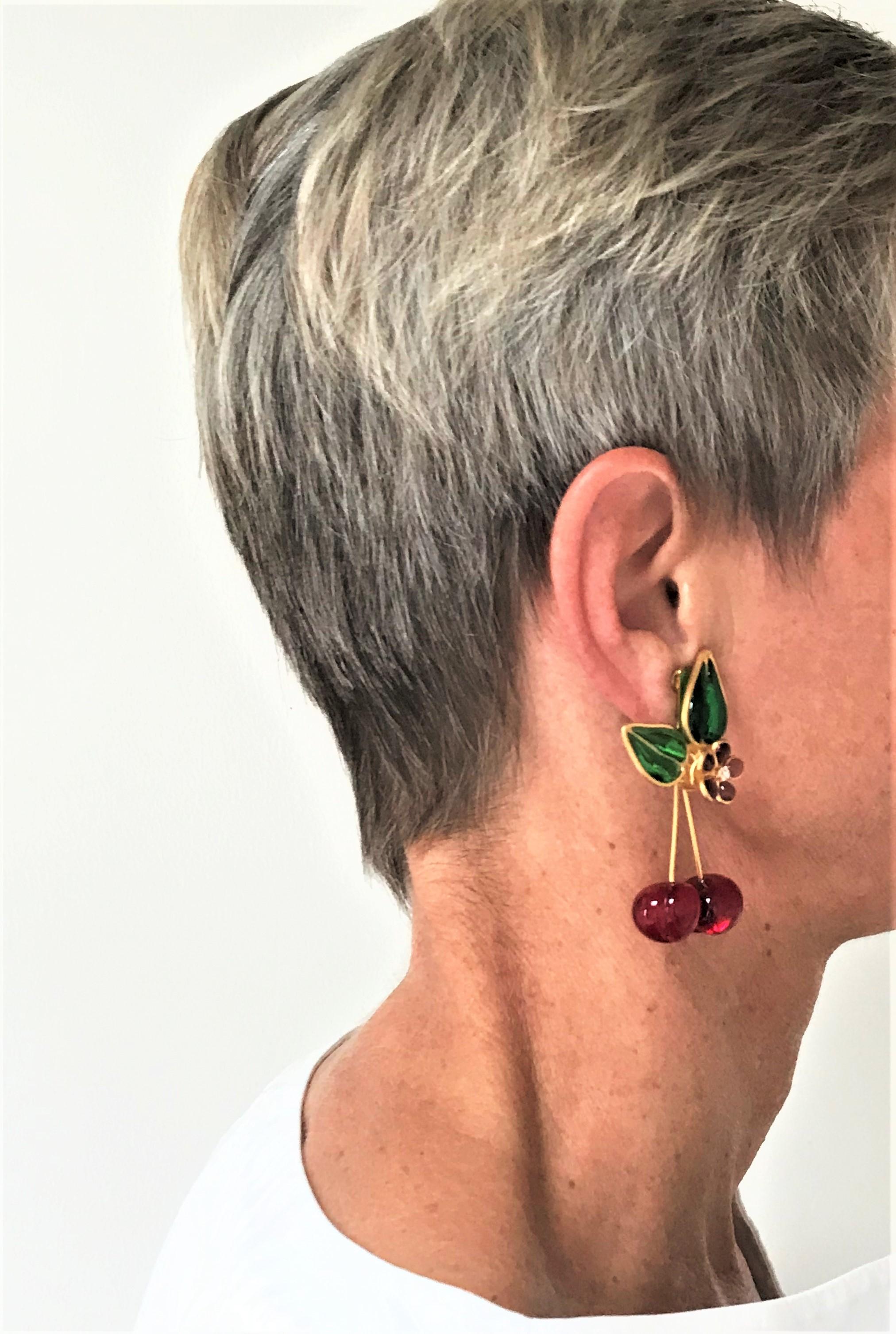 Women's Unique Chanel ear clip in the shape of cherry from the house of Gripoix Paris  For Sale