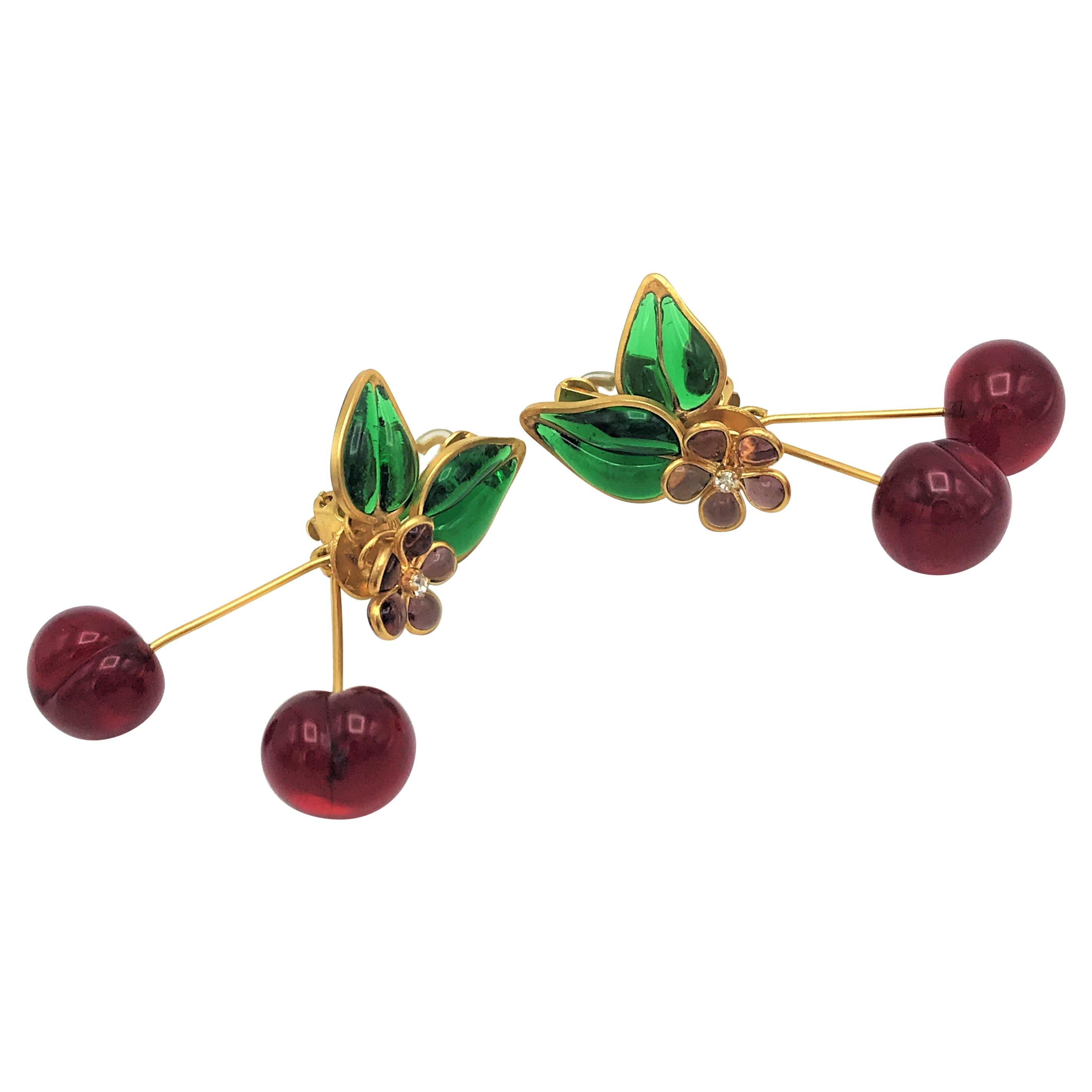 Unique Chanel ear clip in the shape of cherry from the house of Gripoix Paris  For Sale