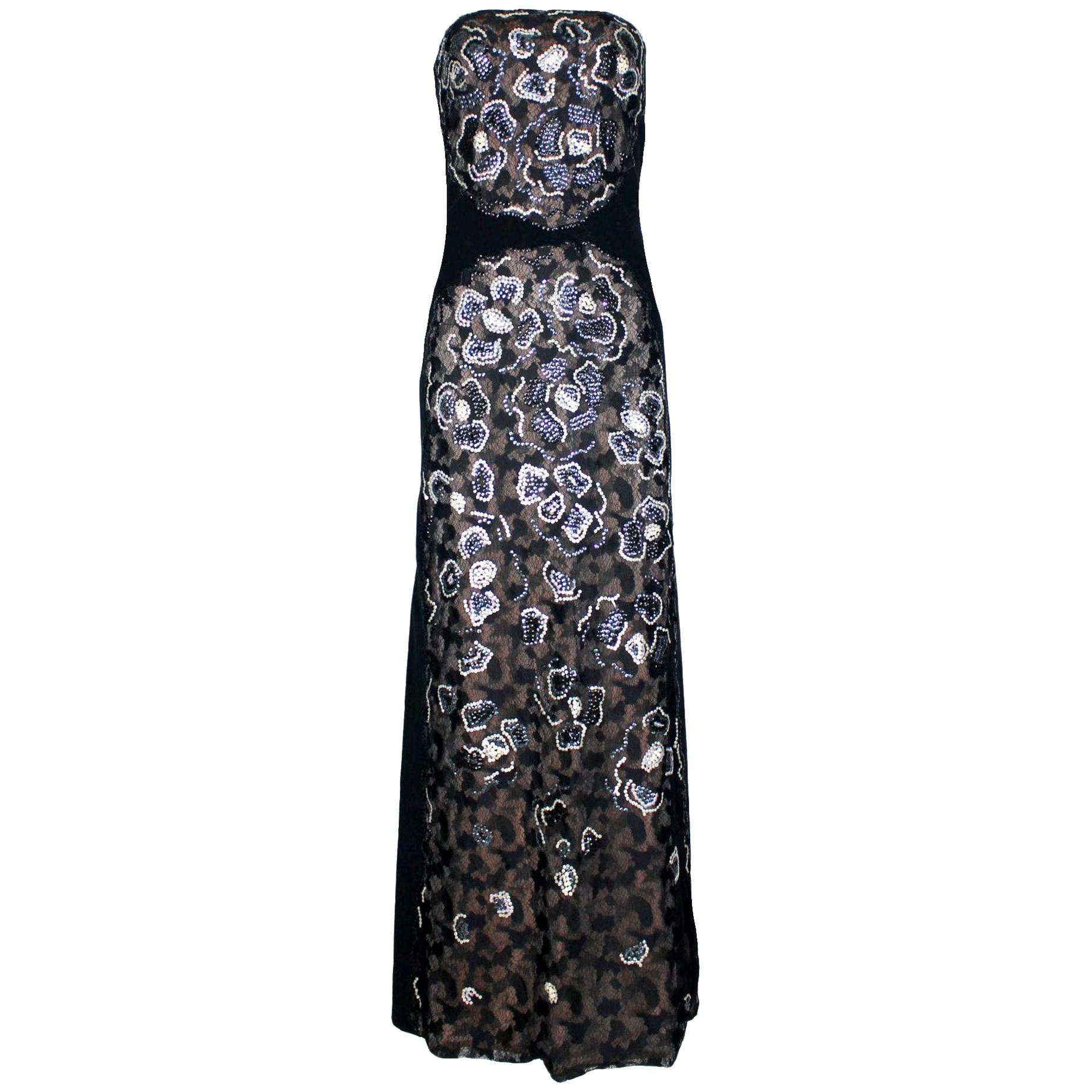 Unique Chanel Sequin Camellia Lace Embroidered Evening Dress Gown