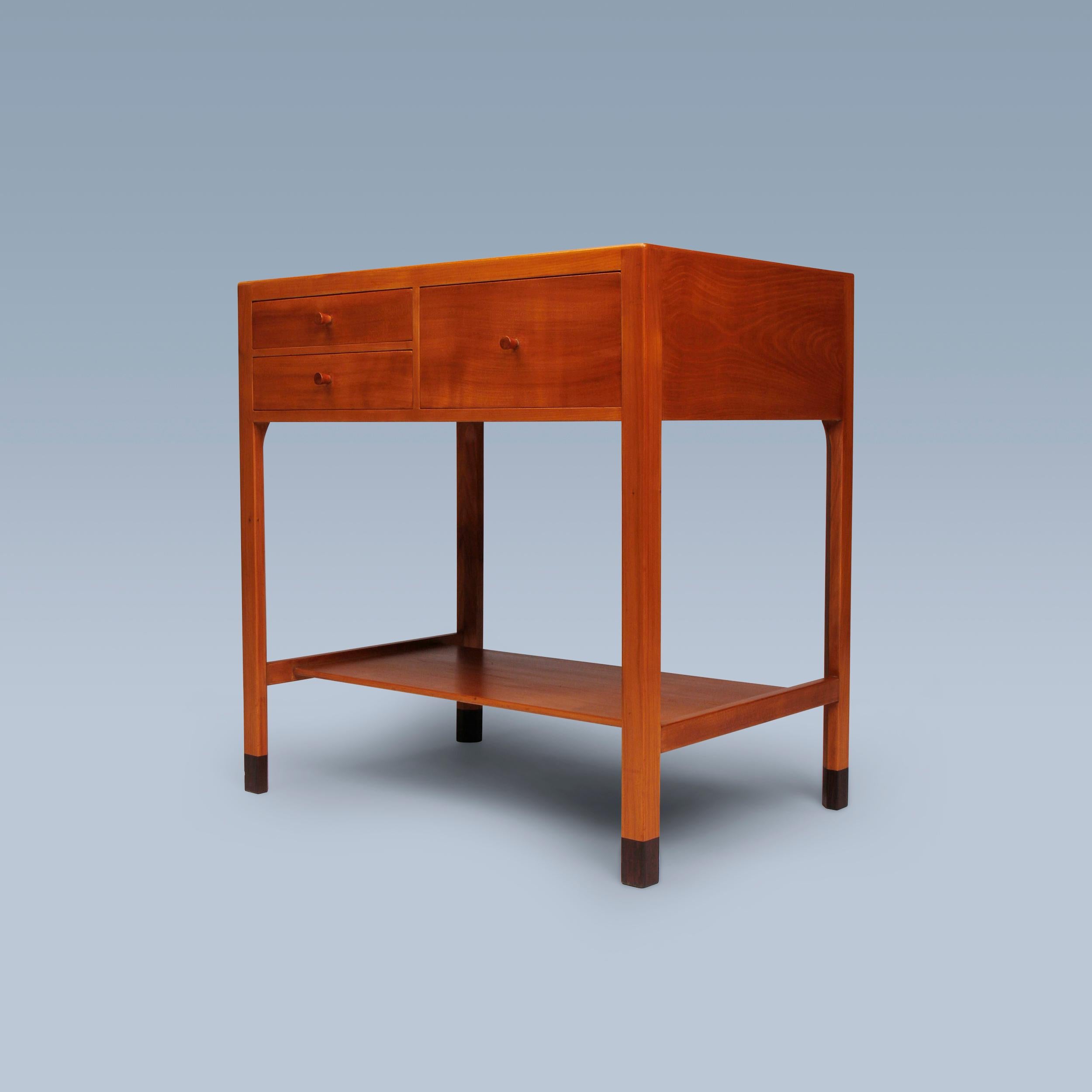 Hand-Crafted Danish modern cherry wood side table with drawers and shelf For Sale