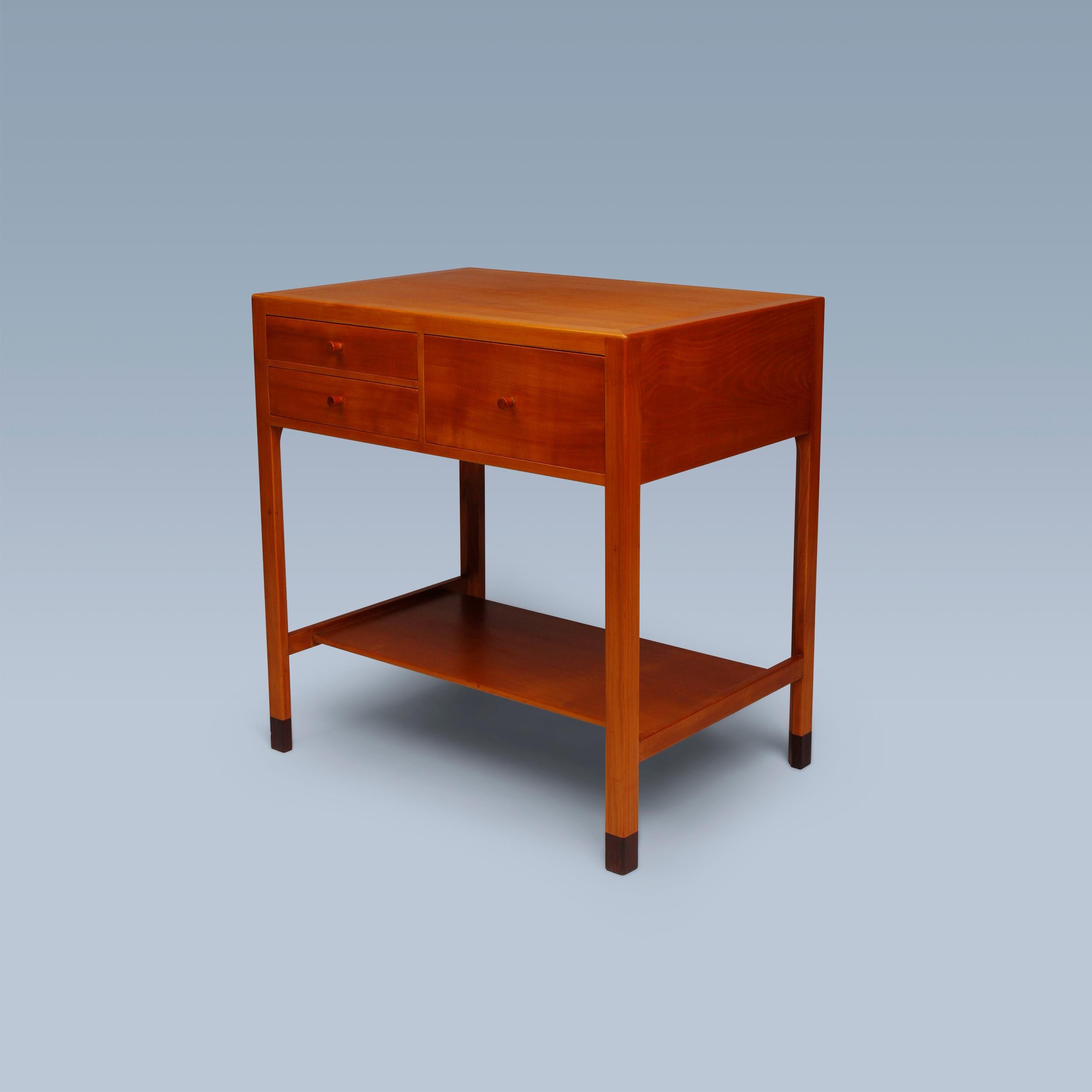 20th Century Danish modern cherry wood side table with drawers and shelf For Sale