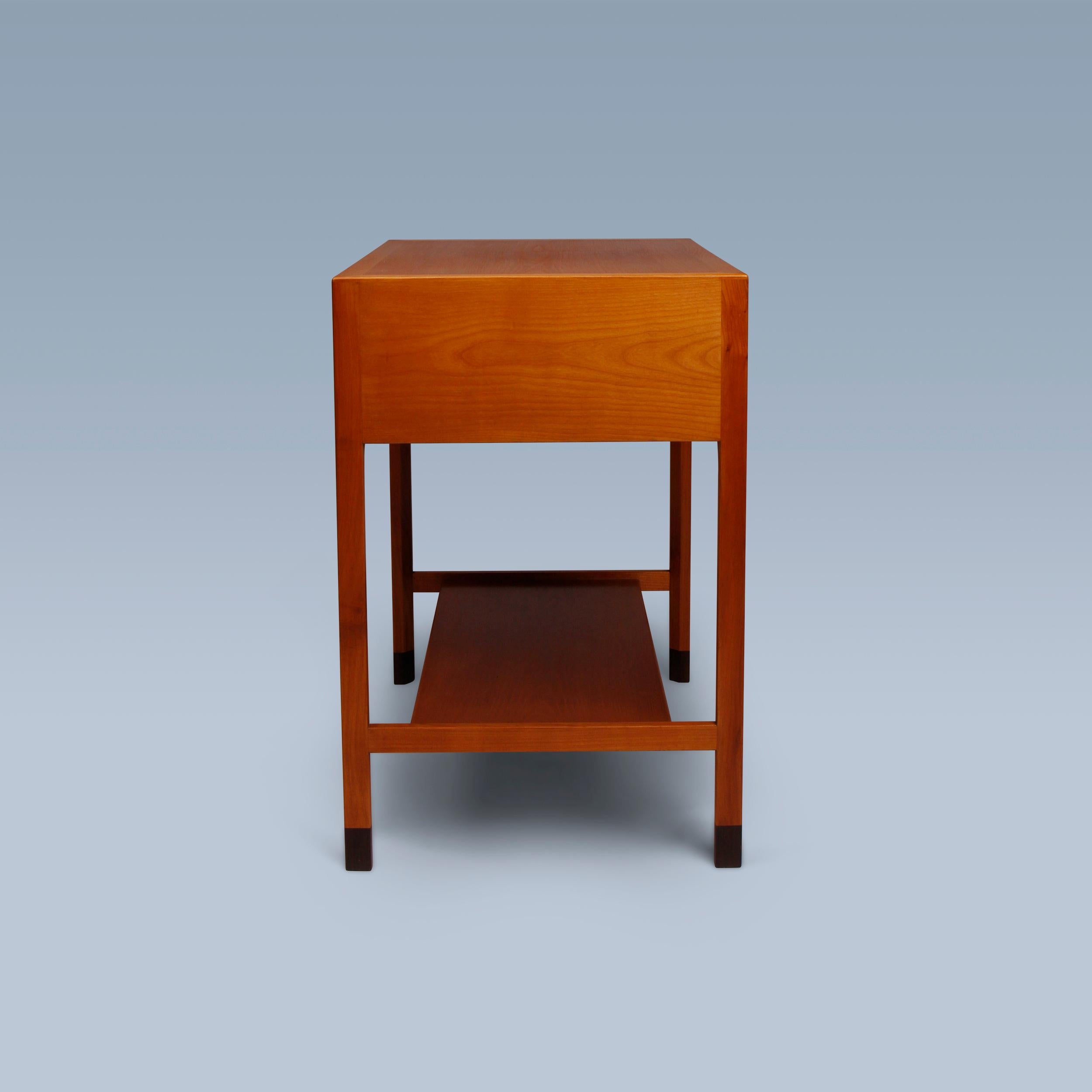 Cherry Danish modern cherry wood side table with drawers and shelf For Sale