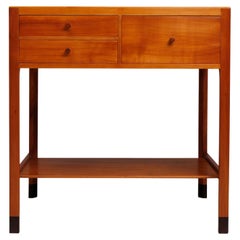 Retro Danish modern cherry wood side table with drawers and shelf