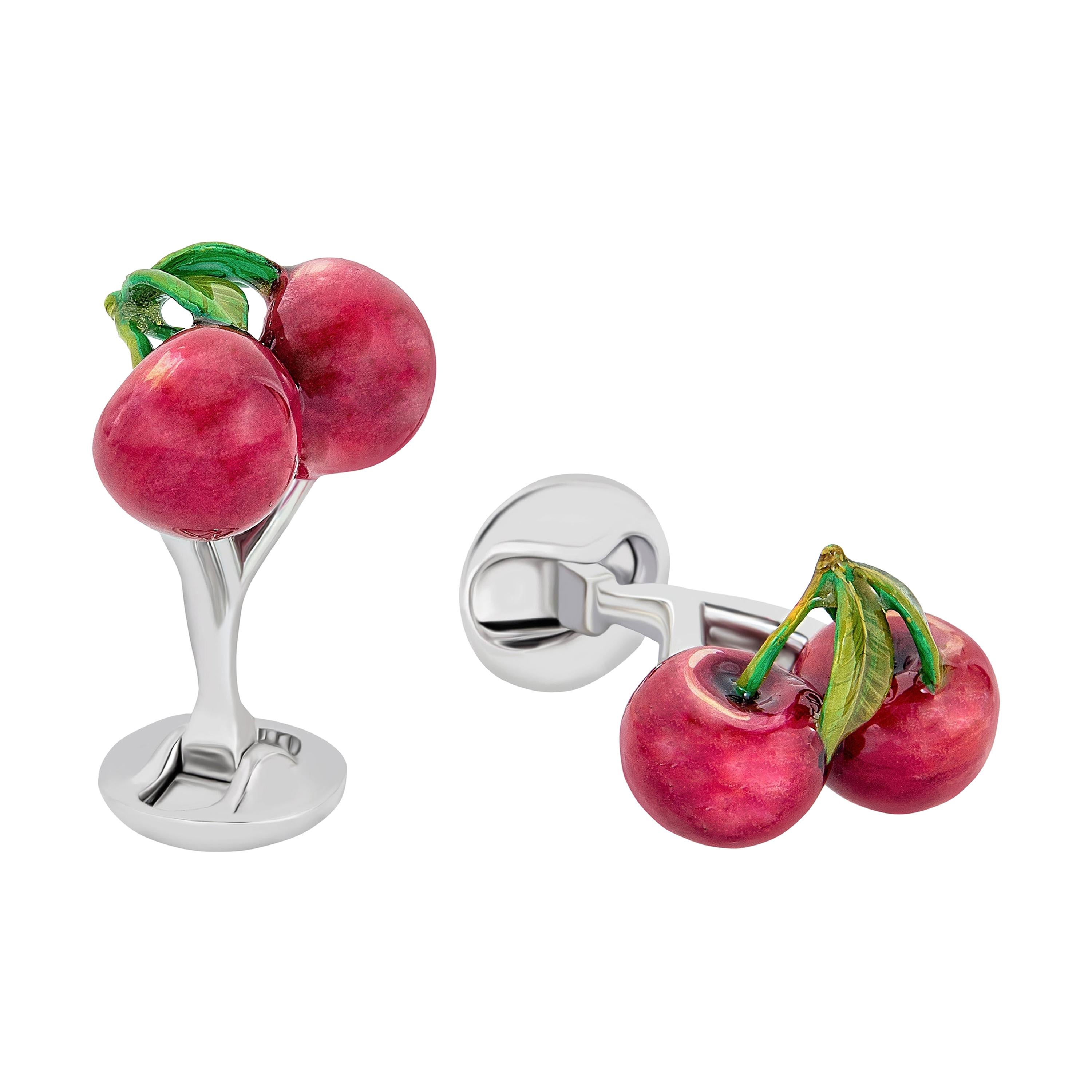 Unique Cherry Cufflinks in Hand-Enameled Sterling Silver by Fils Unique For Sale