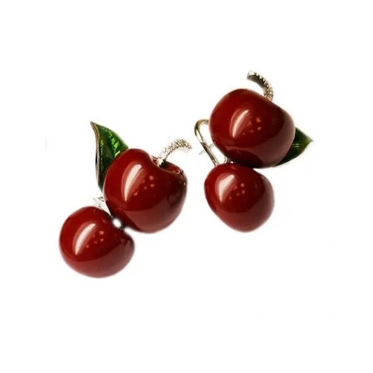 Unique Cherry Diamond Enamel White Gold 18K Dangle Earrings for Her For