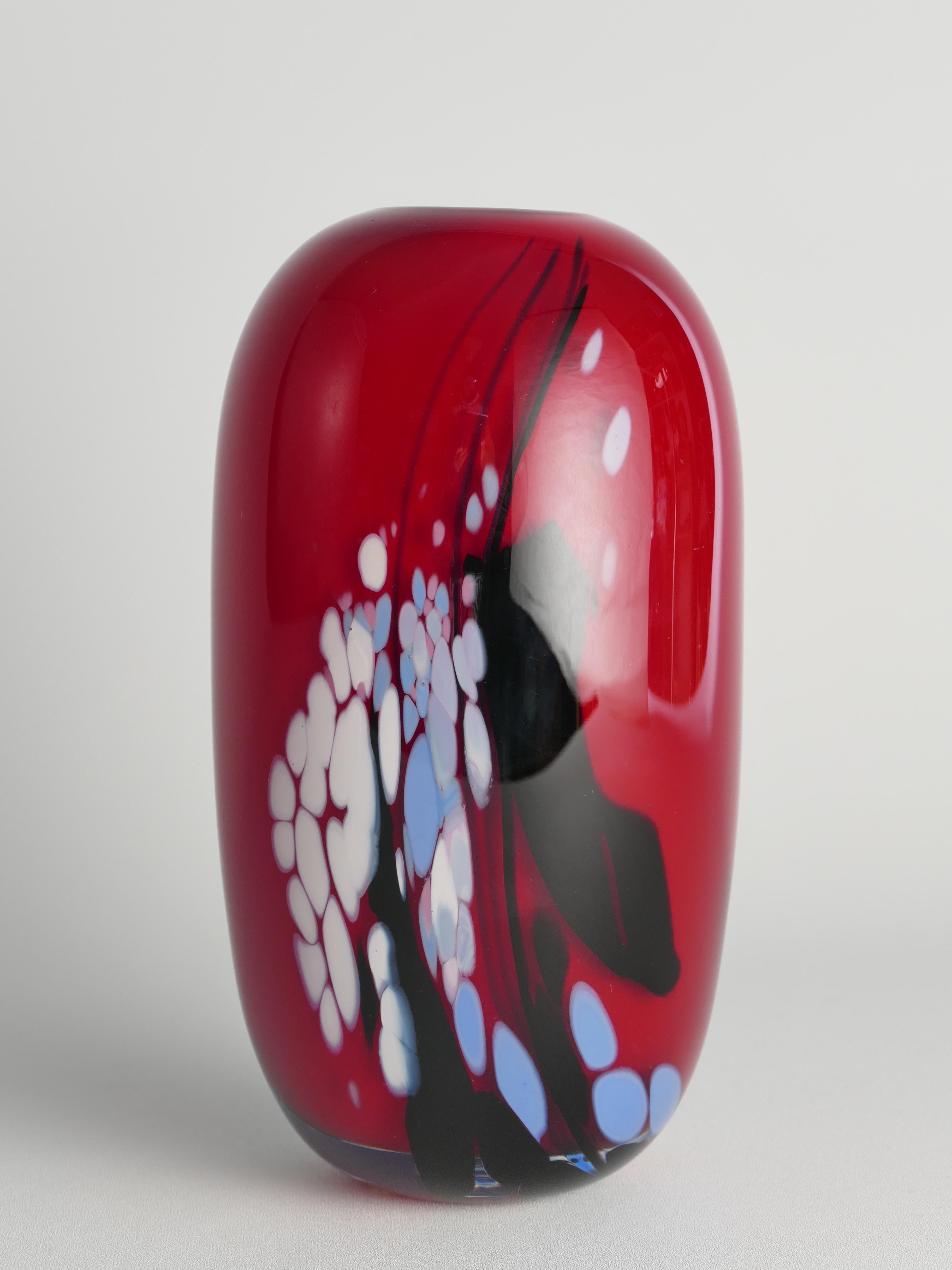 Post-Modern Unique Cherry Red Art Glass Vase by Mikael Axenbrant, Sweden 1990 For Sale
