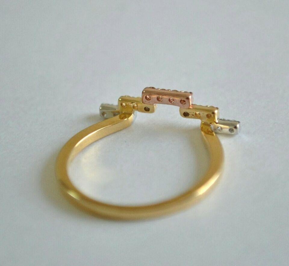 Uncut Unique Chevron Wedding Ring 14k Gold Natural Diamond 3 Tone Geometric Ring Band. For Sale