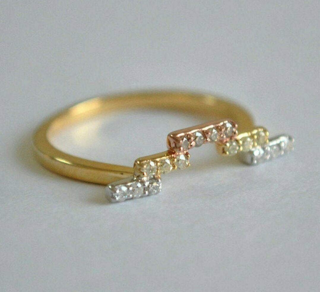 Women's or Men's Unique Chevron Wedding Ring 14k Gold Natural Diamond 3 Tone Geometric Ring Band. For Sale