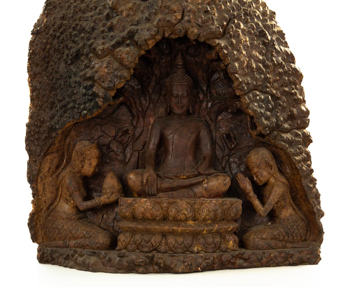 Unique Chinese Hand Carved Root of Buddha in Cave with Worshippers In Good Condition In Laguna Beach, CA