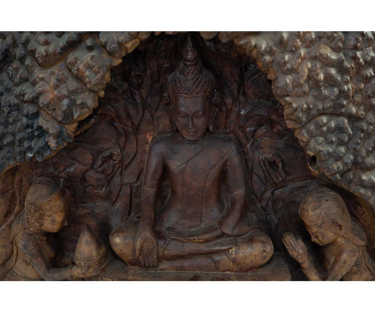 20th Century Unique Chinese Hand Carved Root of Buddha in Cave with Worshippers