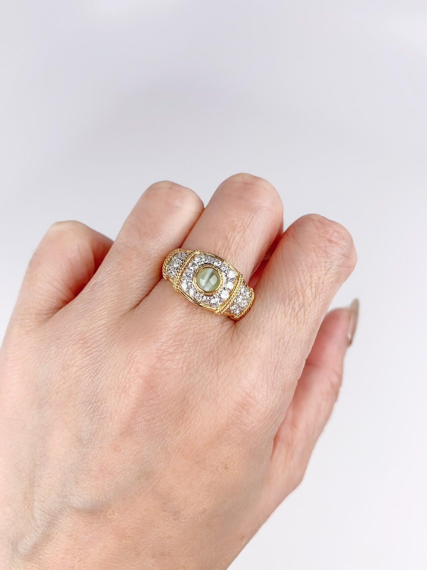 Anillo único de crisoberilo ojo de gato con pavé de diamantes Oro de 18 quilates y platino 6g+R6712 en Bueno estado para la venta en Osprey, FL