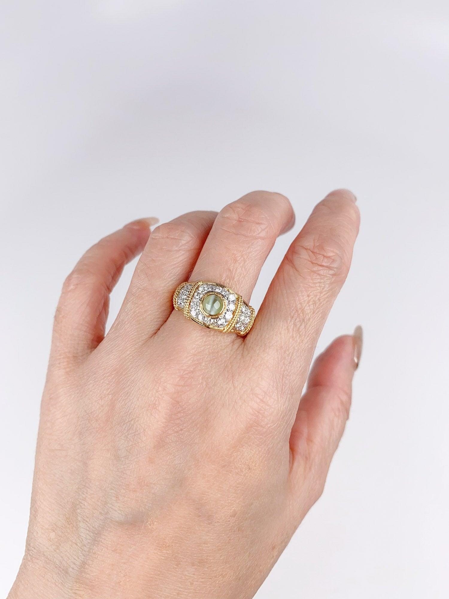 Femenino o masculino Anillo único de crisoberilo ojo de gato con pavé de diamantes Oro de 18 quilates y platino 6g+R6712 en venta