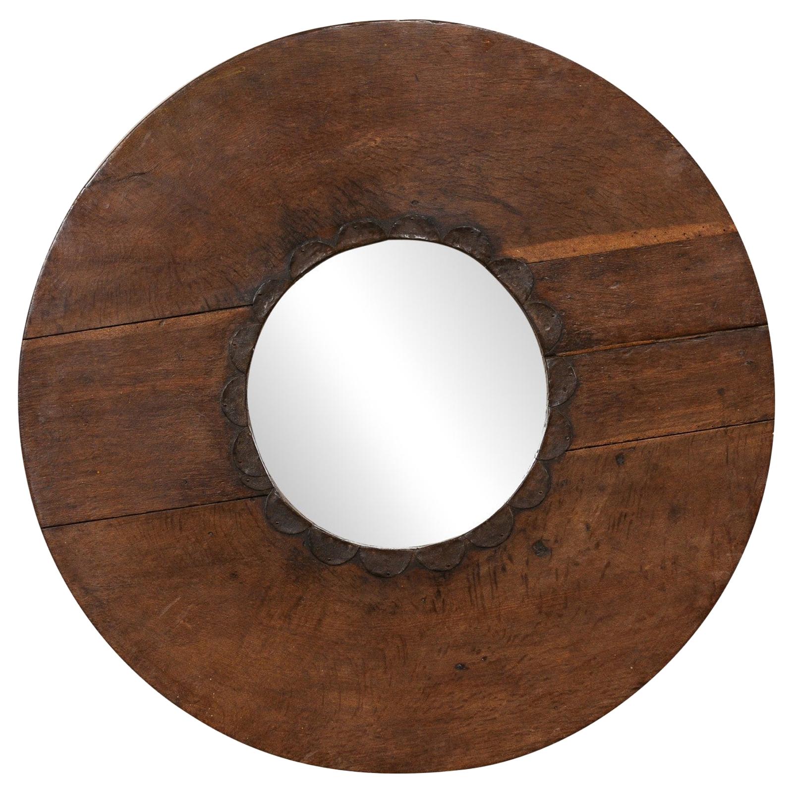 Unique Circular-Shaped Mirror from an Old Wooden N. African Cooking Utensil