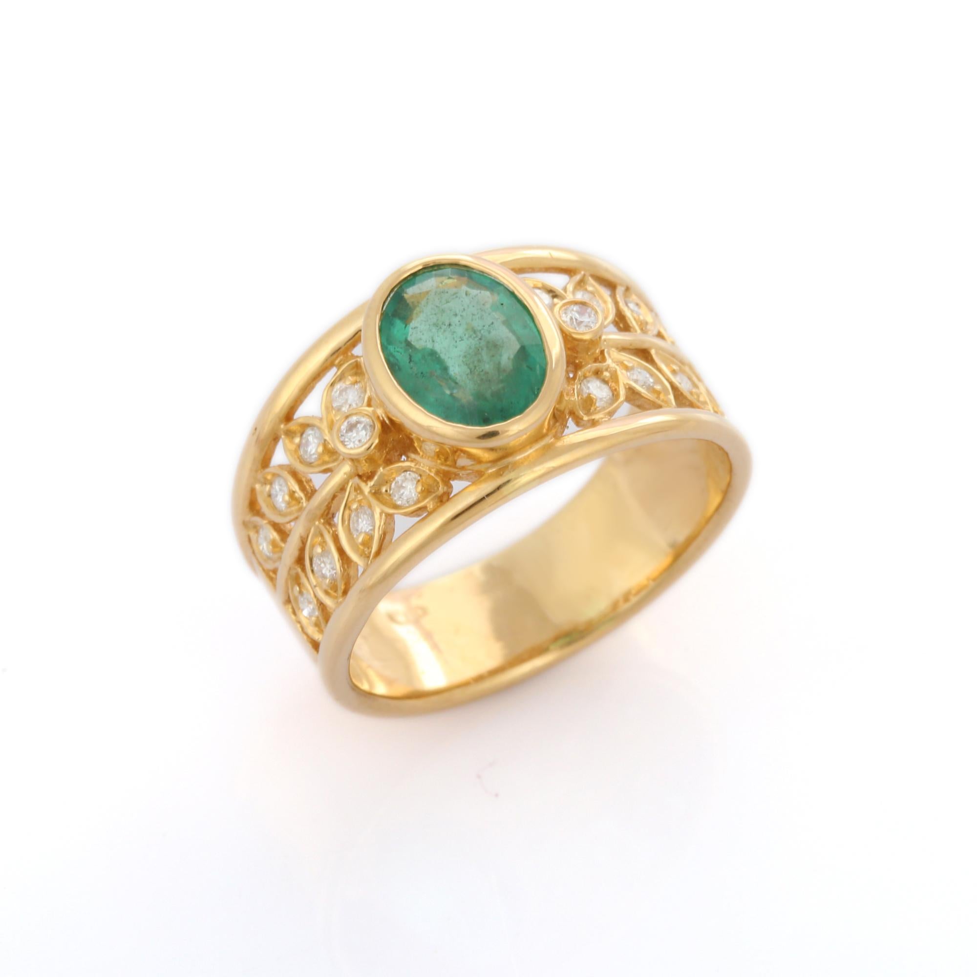 For Sale:  Unique Classic Wedding Emerald Diamond Filigree Ring in 18 Karat Yellow Gold  2